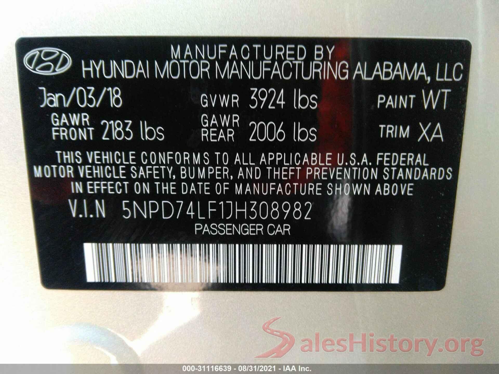 5NPD74LF1JH308982 2018 HYUNDAI ELANTRA