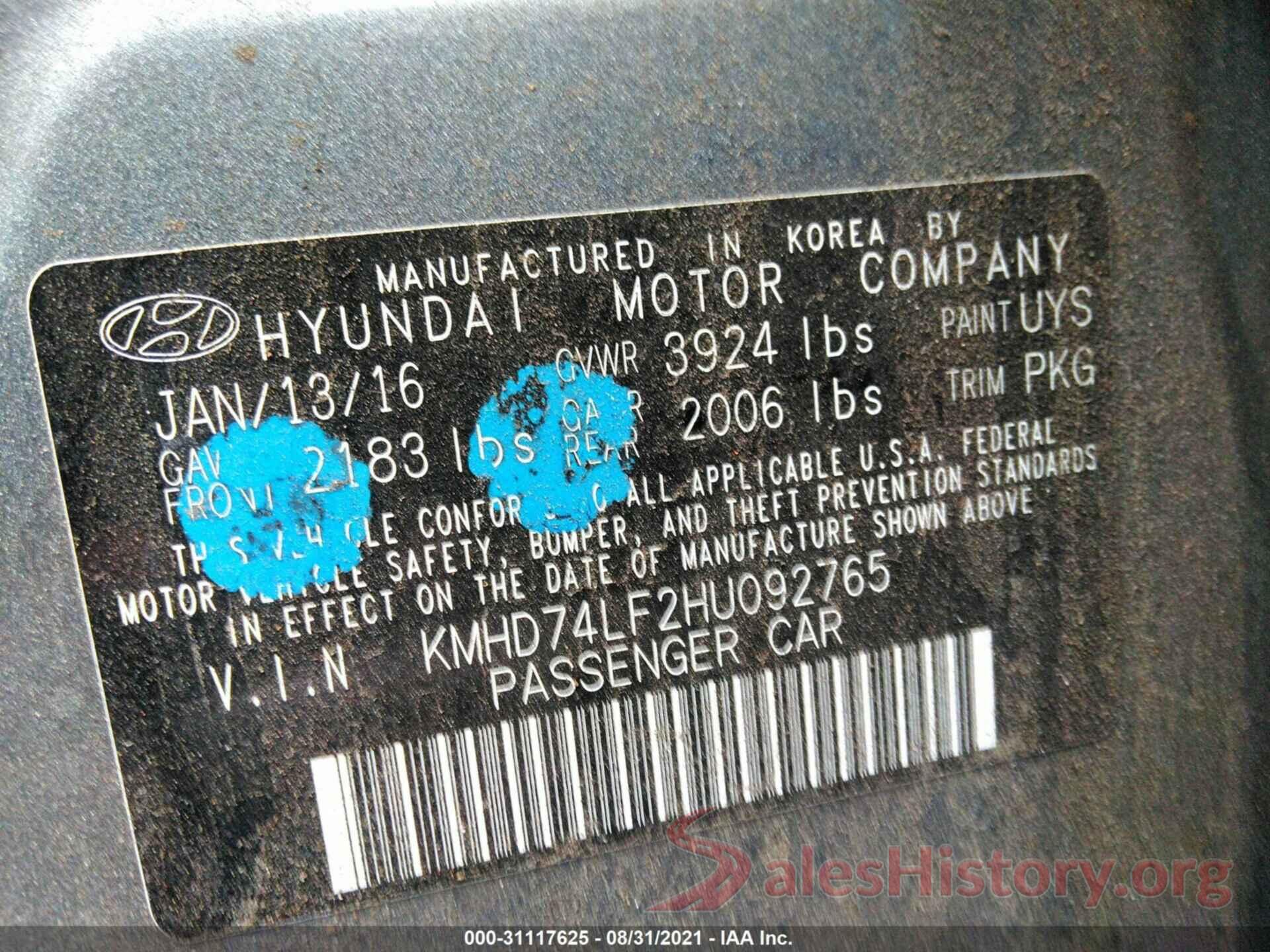 KMHD74LF2HU092765 2017 HYUNDAI ELANTRA