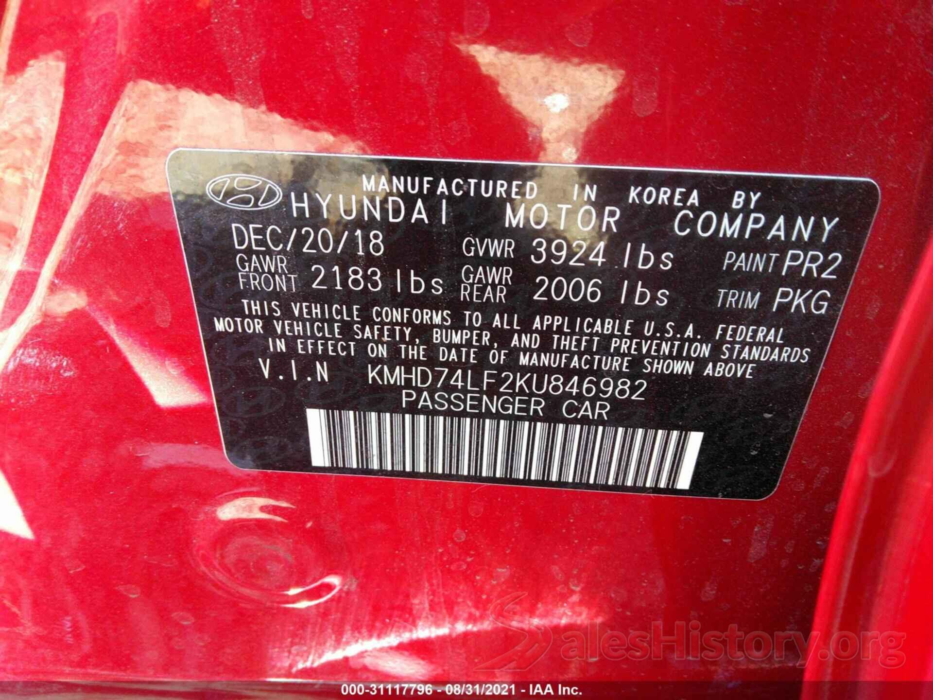 KMHD74LF2KU846982 2019 HYUNDAI ELANTRA