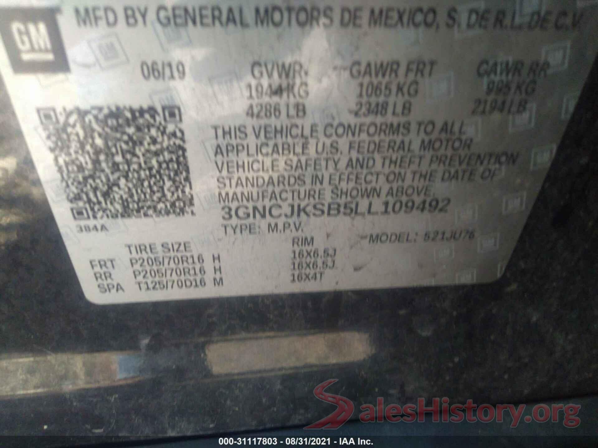 3GNCJKSB5LL109492 2020 CHEVROLET TRAX