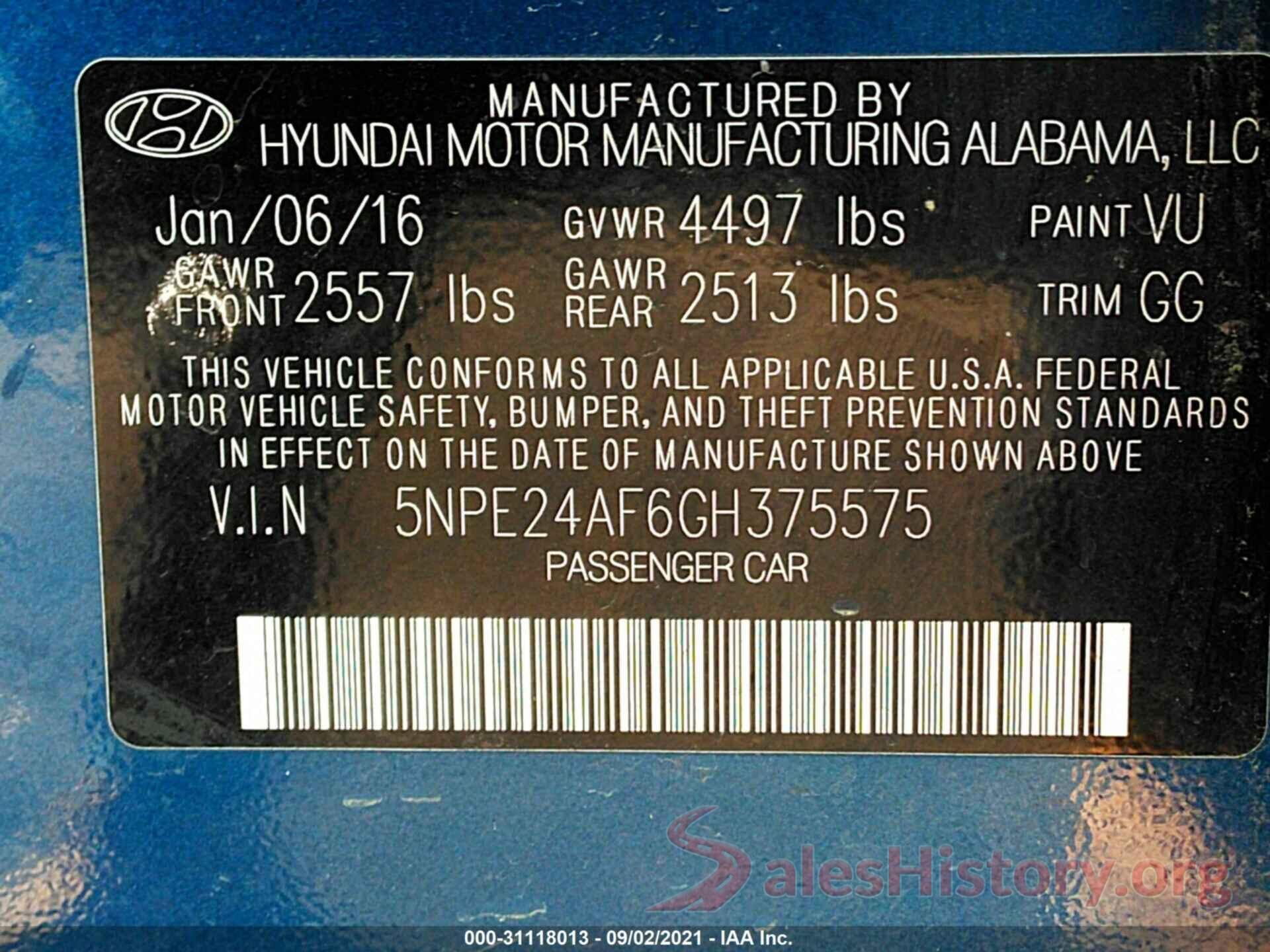 5NPE24AF6GH375575 2016 HYUNDAI SONATA