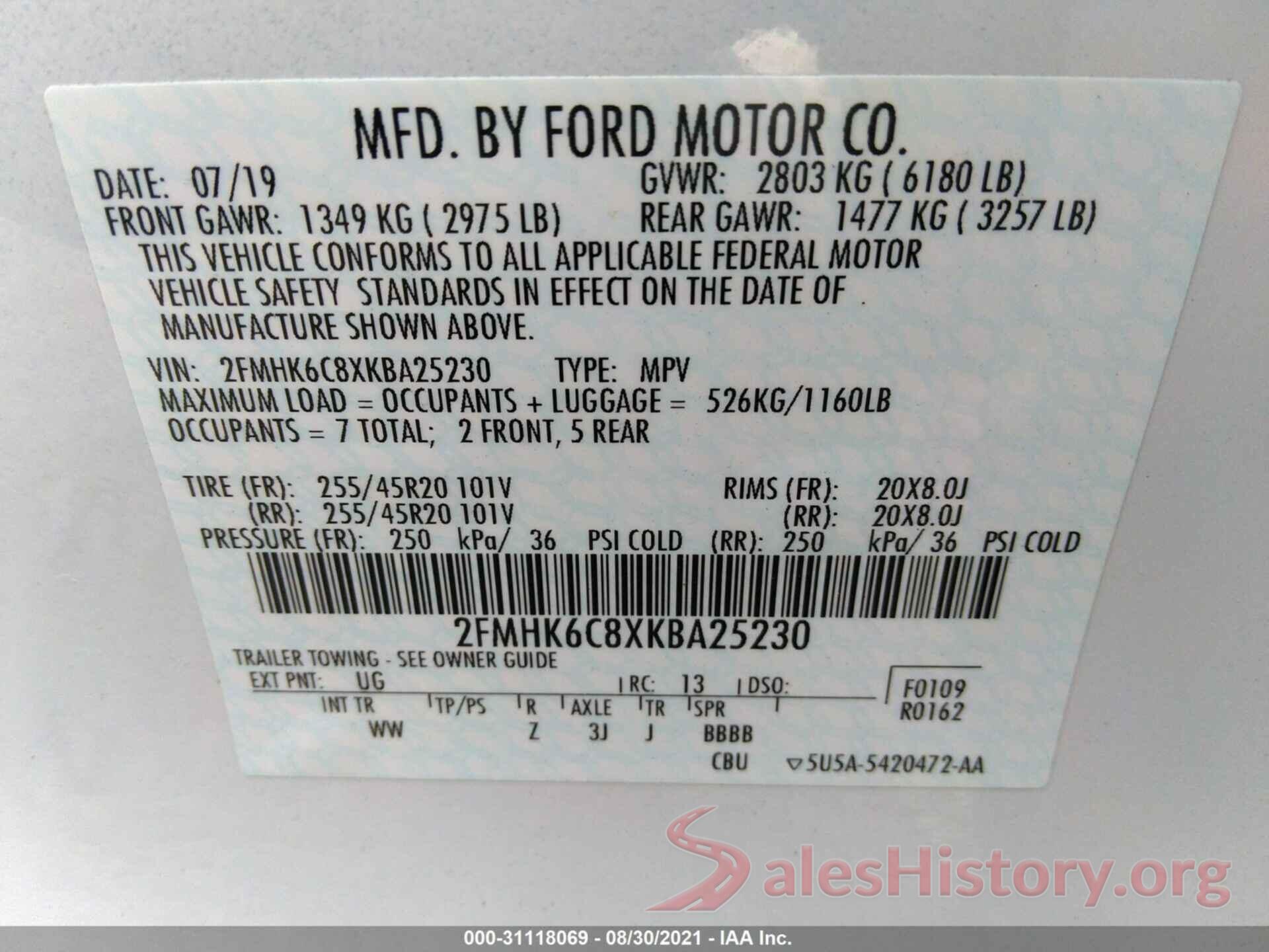 2FMHK6C8XKBA25230 2019 FORD FLEX