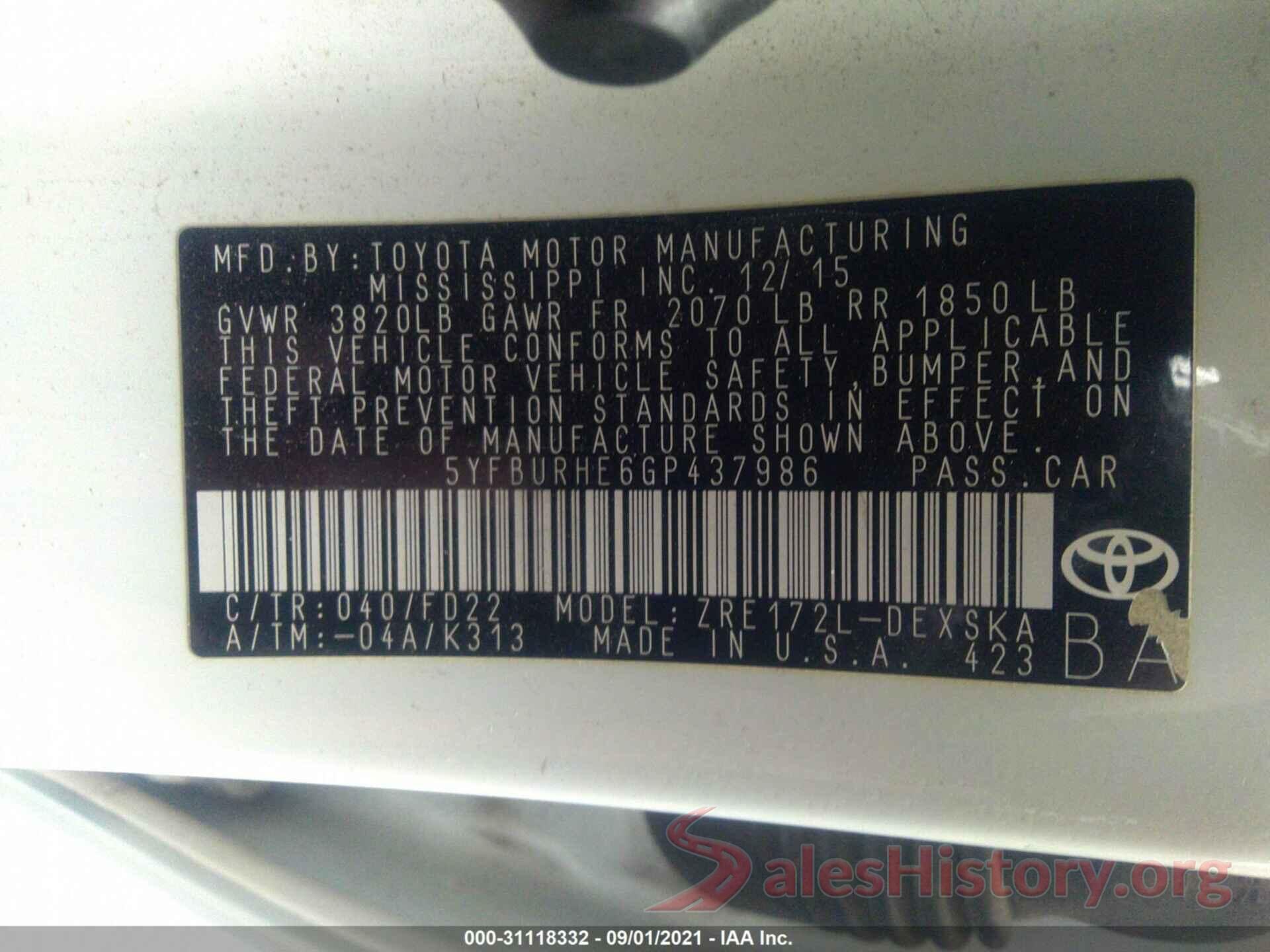 5YFBURHE6GP437986 2016 TOYOTA COROLLA