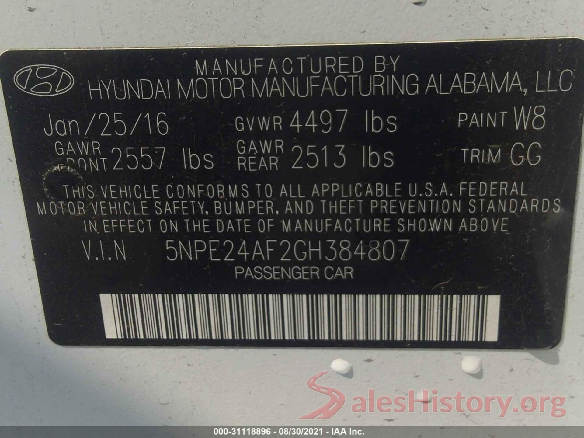 5NPE24AF2GH384807 2016 HYUNDAI SONATA