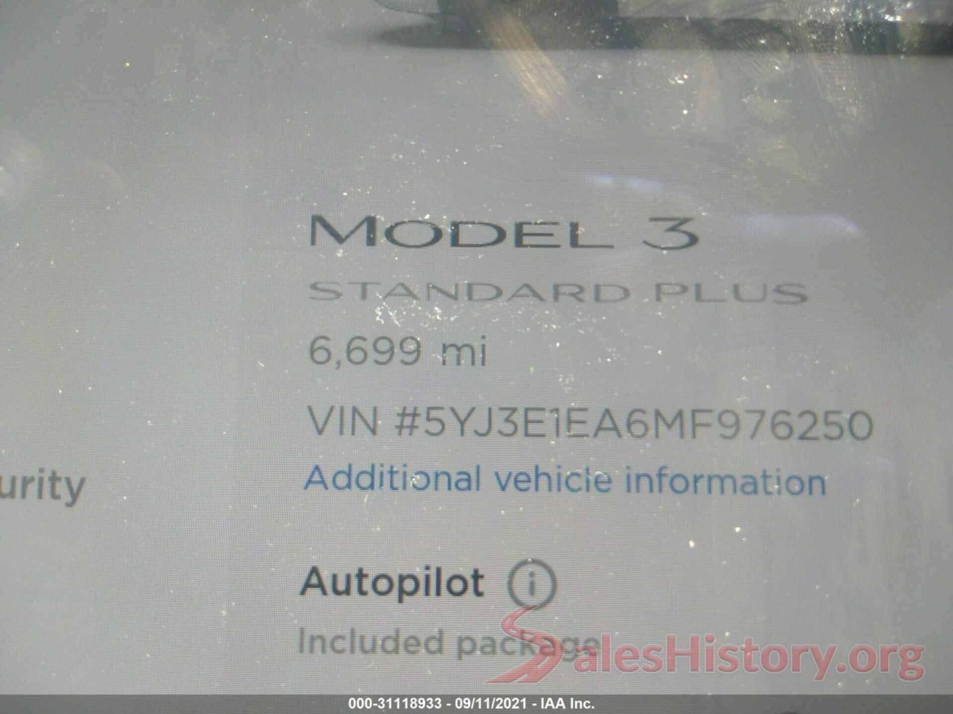 5YJ3E1EA6MF976250 2021 TESLA MODEL 3