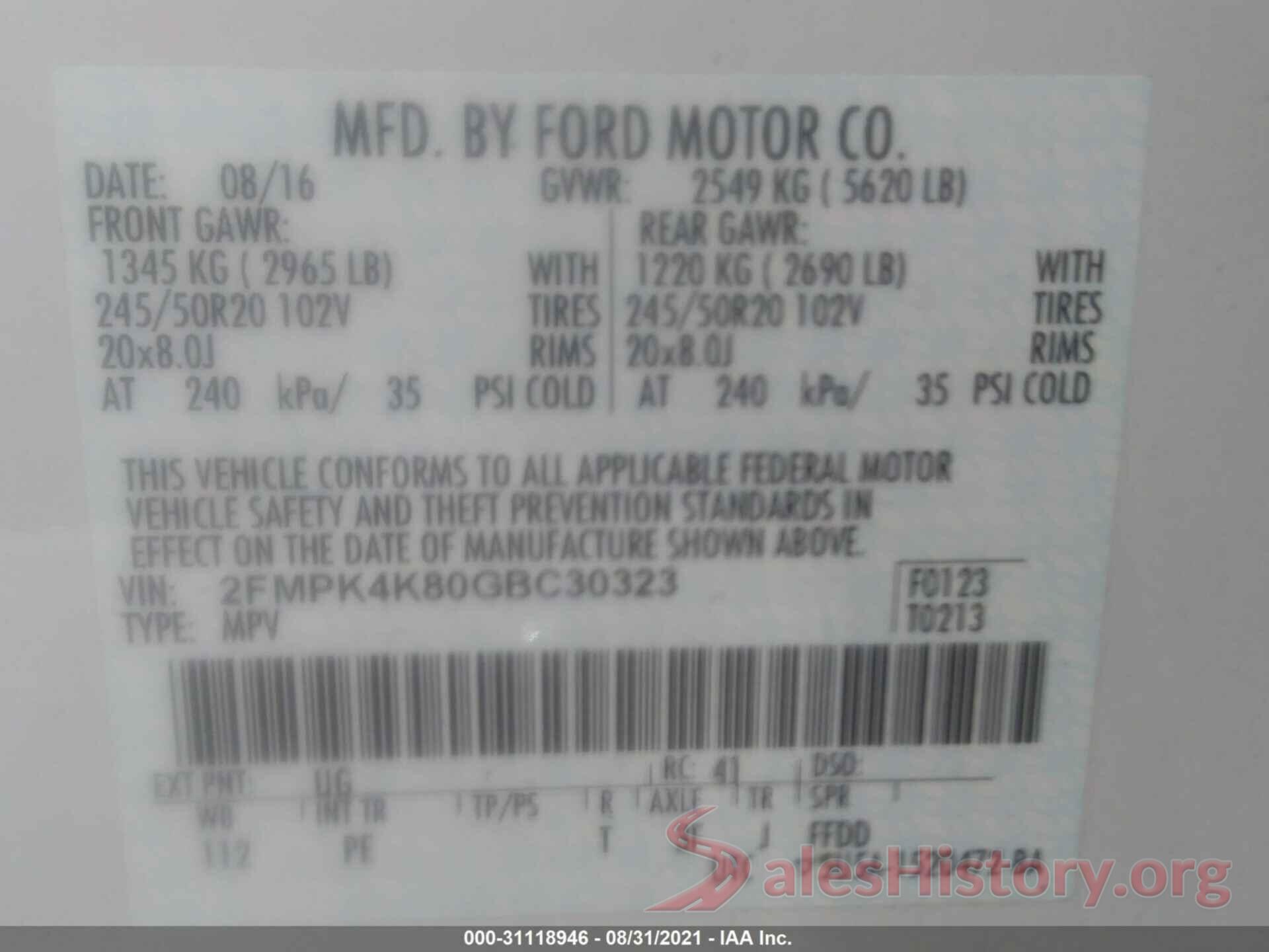 2FMPK4K80GBC30323 2016 FORD EDGE