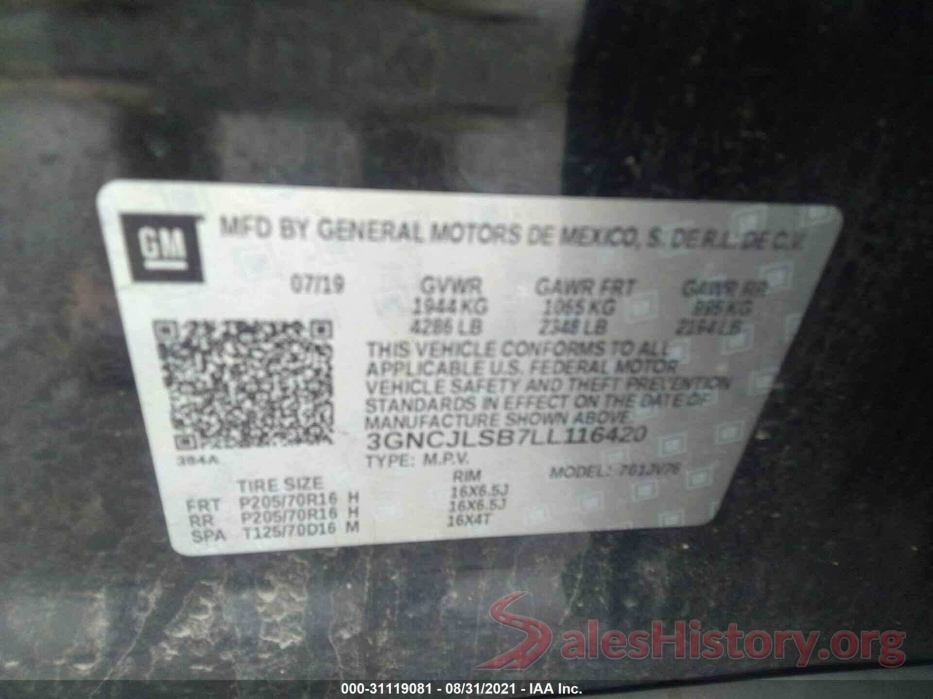 3GNCJLSB7LL116420 2020 CHEVROLET TRAX