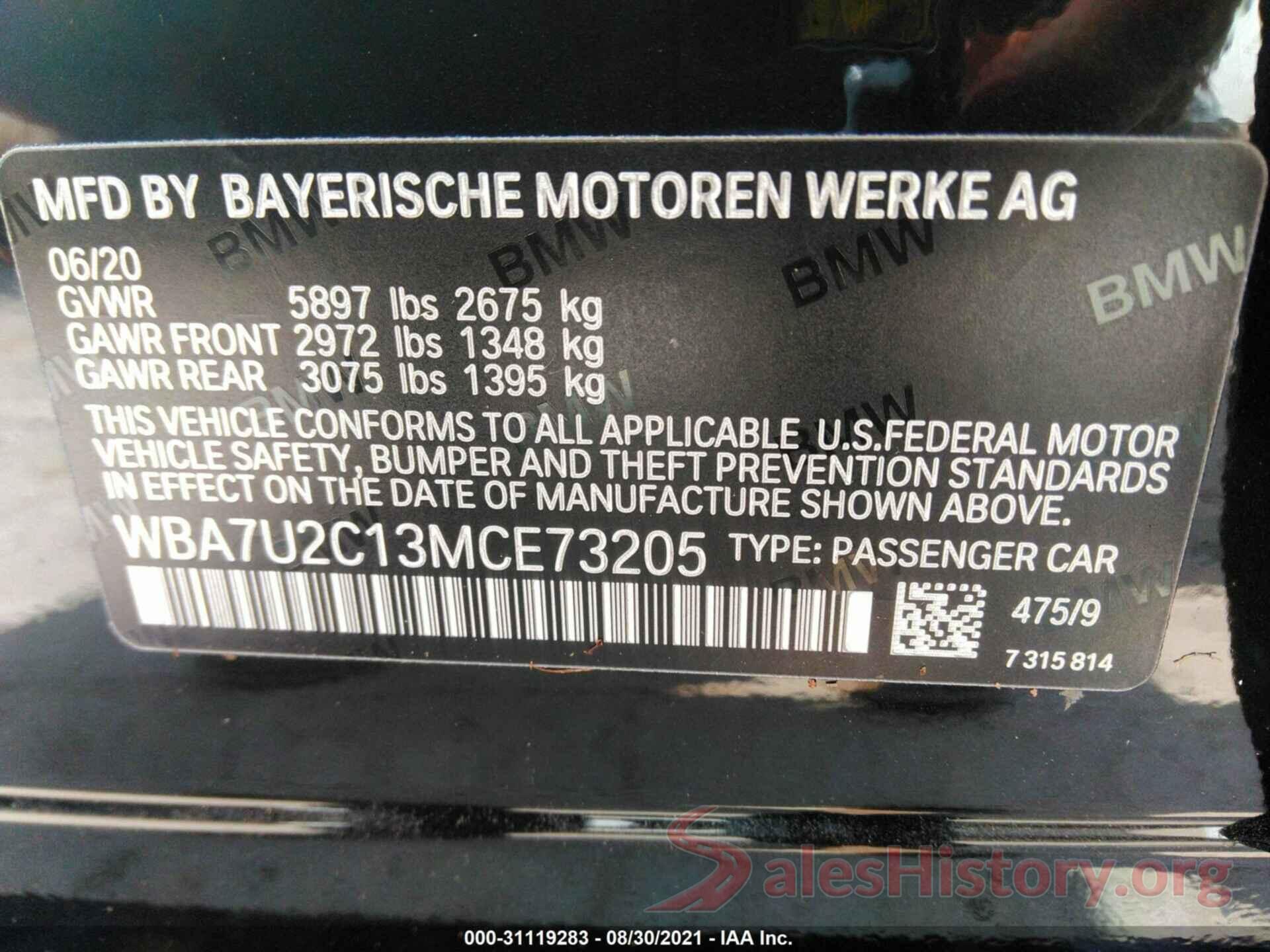 WBA7U2C13MCE73205 2021 BMW 7 SERIES