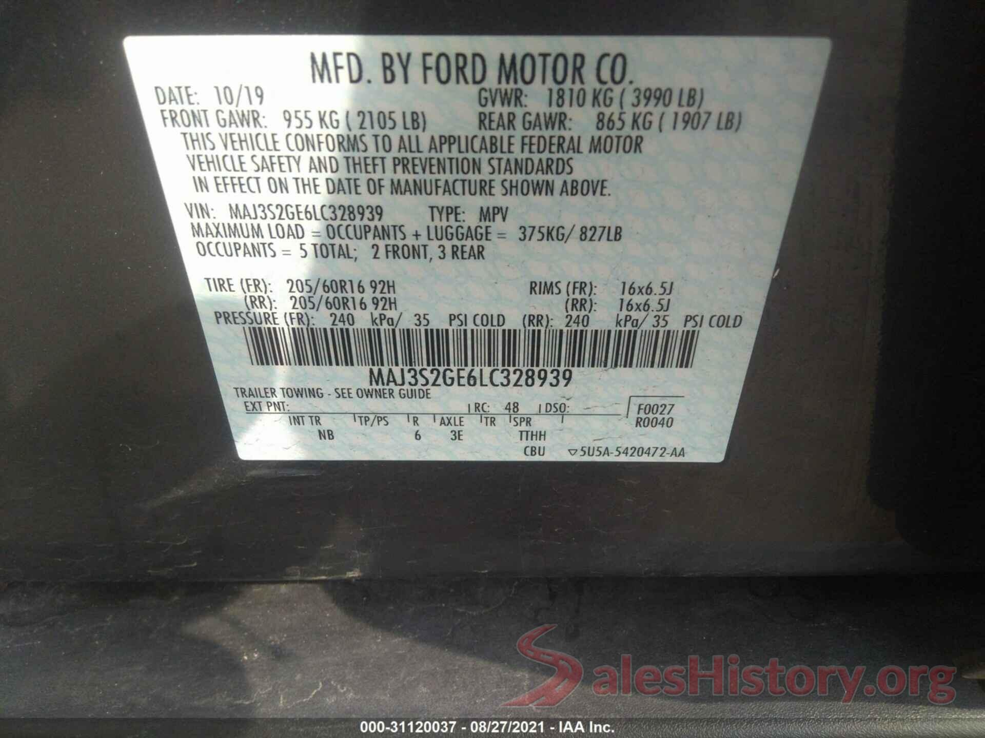 MAJ3S2GE6LC328939 2020 FORD ECOSPORT