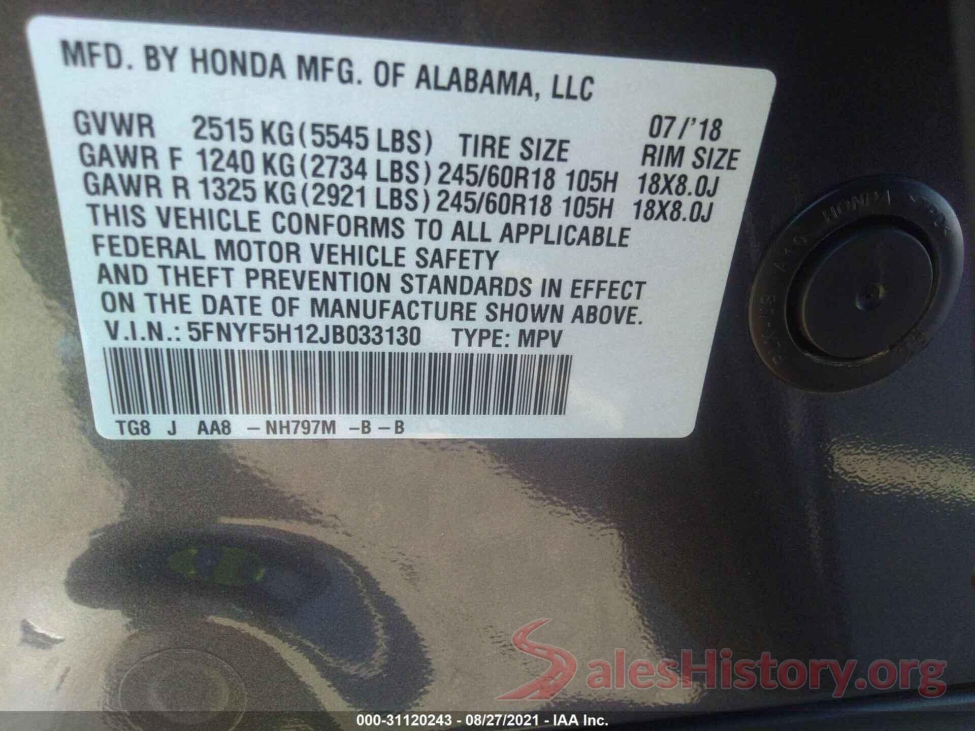 5FNYF5H12JB033130 2018 HONDA PILOT