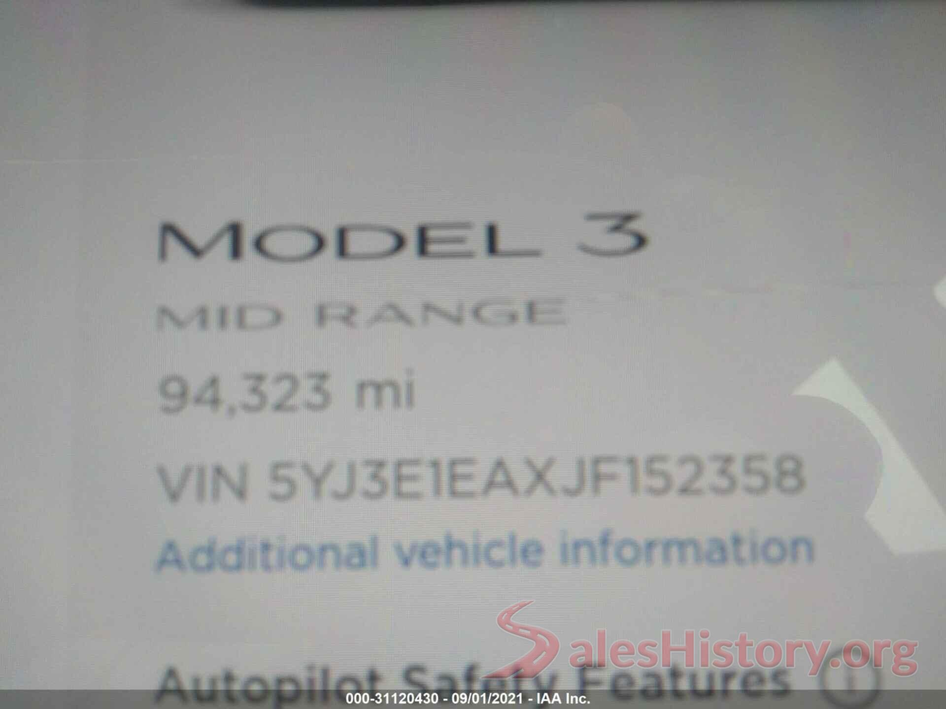 5YJ3E1EAXJF152358 2018 TESLA MODEL 3