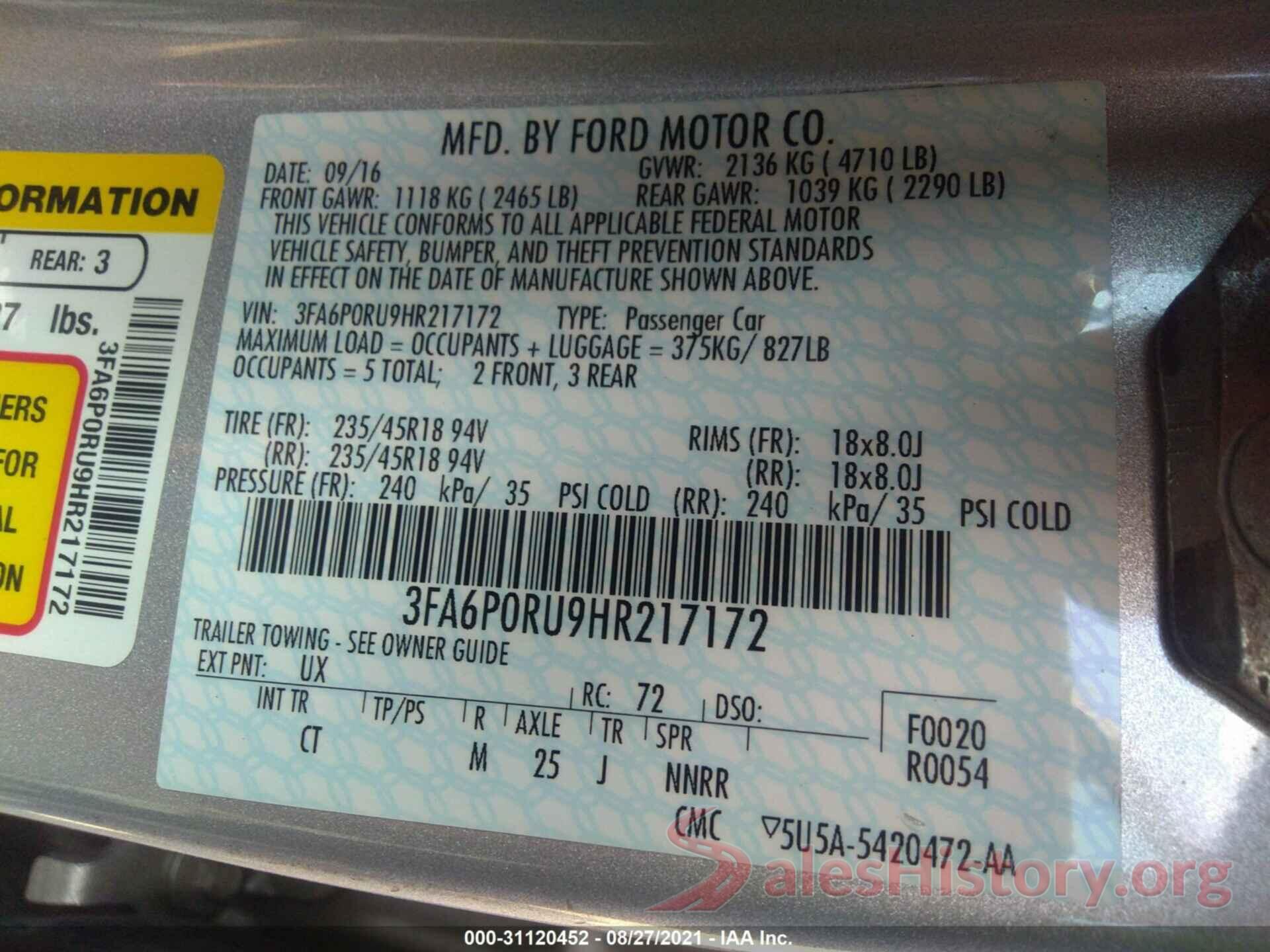 3FA6P0RU9HR217172 2017 FORD FUSION