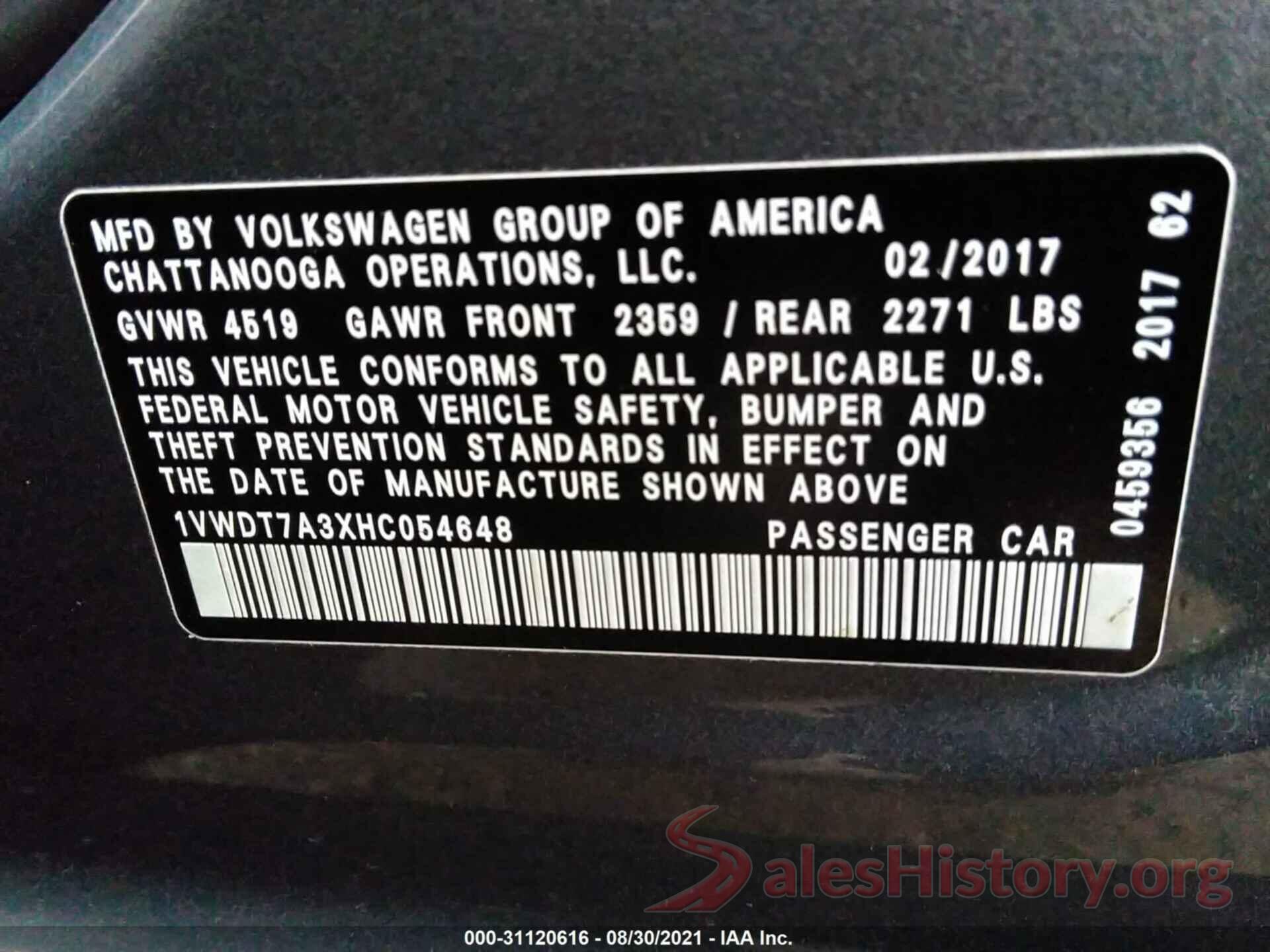 1VWDT7A3XHC054648 2017 VOLKSWAGEN PASSAT