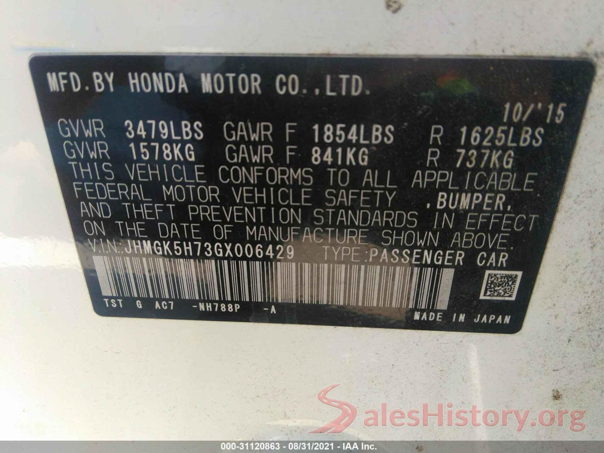 JHMGK5H73GX006429 2016 HONDA FIT