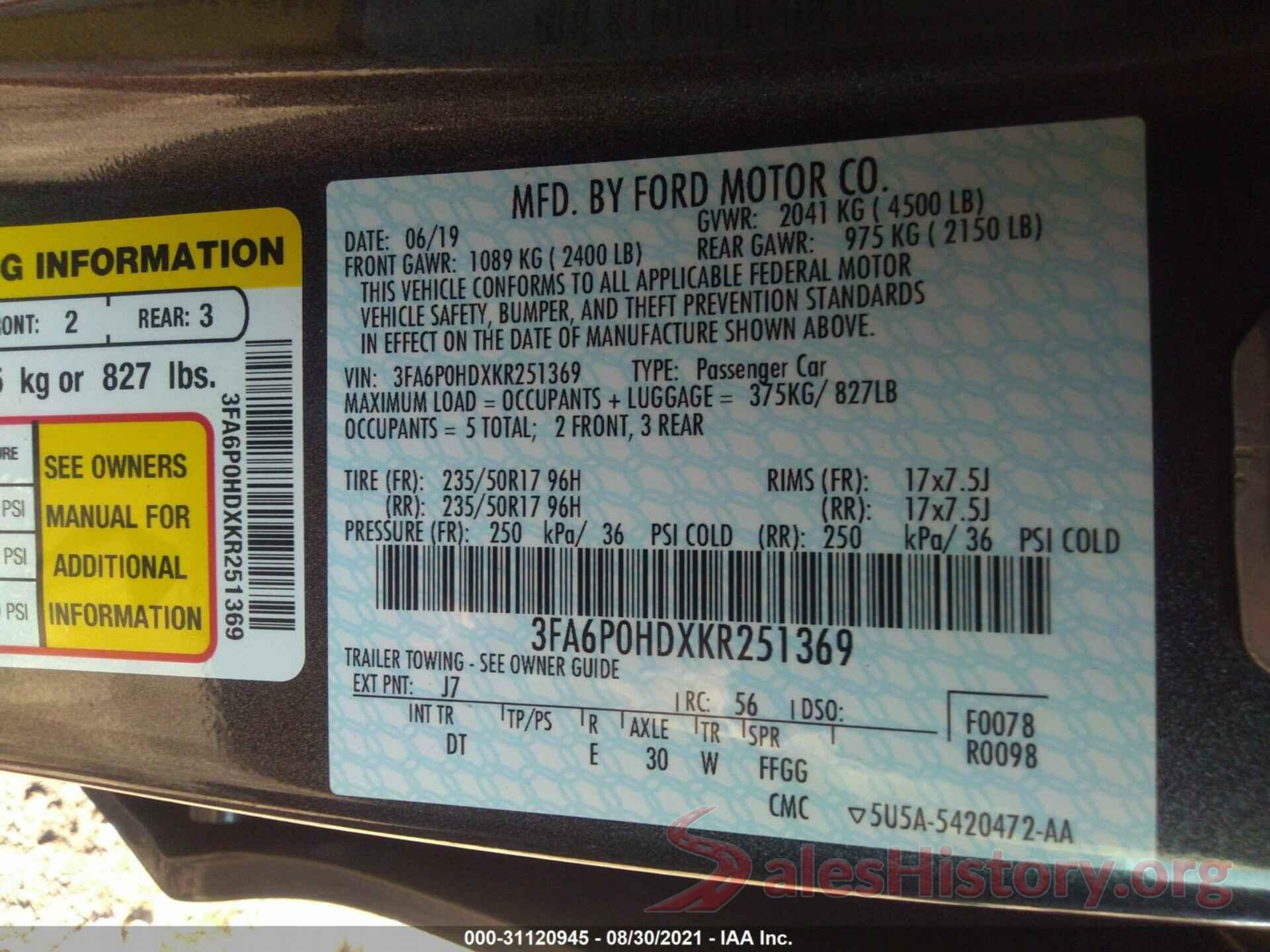 3FA6P0HDXKR251369 2019 FORD FUSION