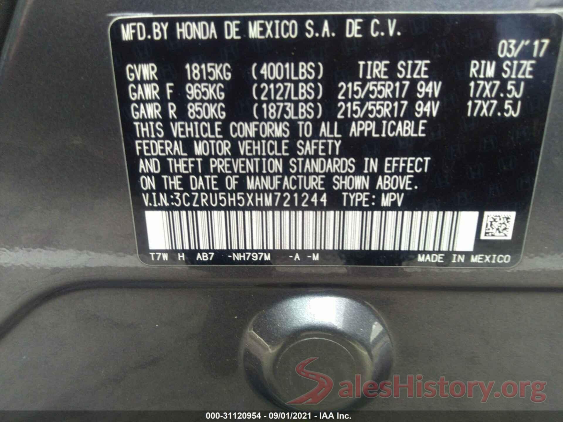 3CZRU5H5XHM721244 2017 HONDA HR-V