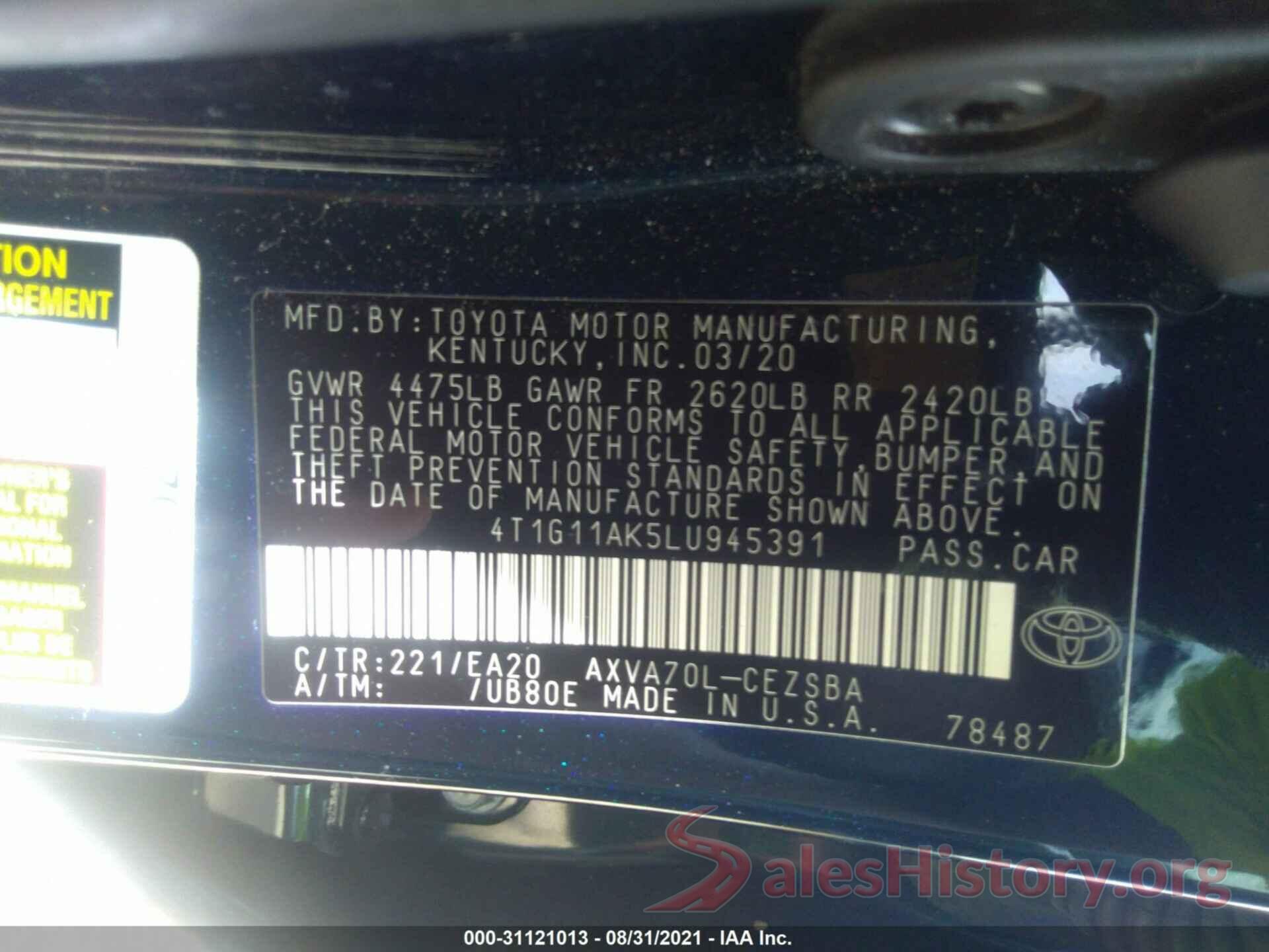 4T1G11AK5LU945391 2020 TOYOTA CAMRY