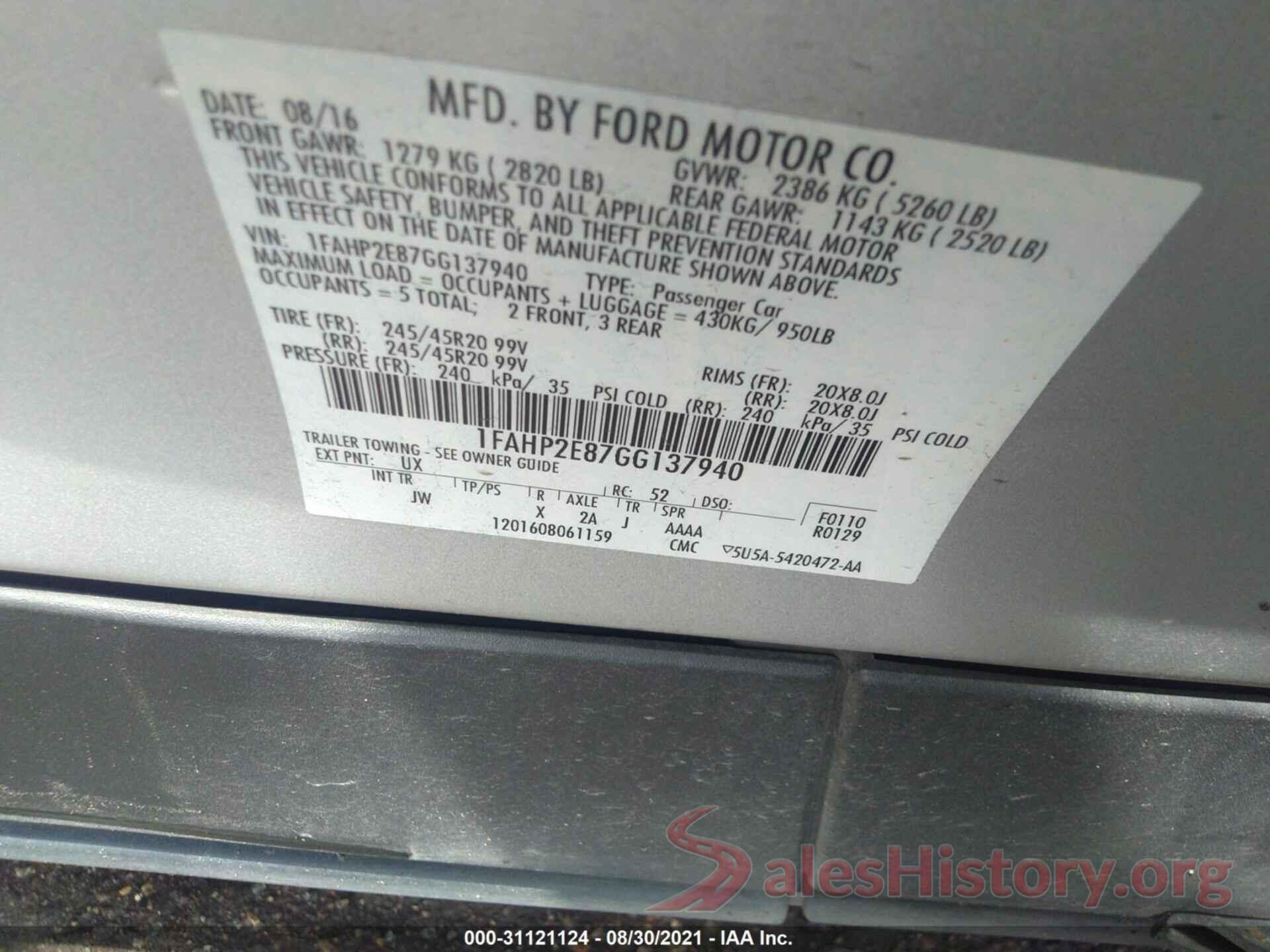 1FAHP2E87GG137940 2016 FORD TAURUS