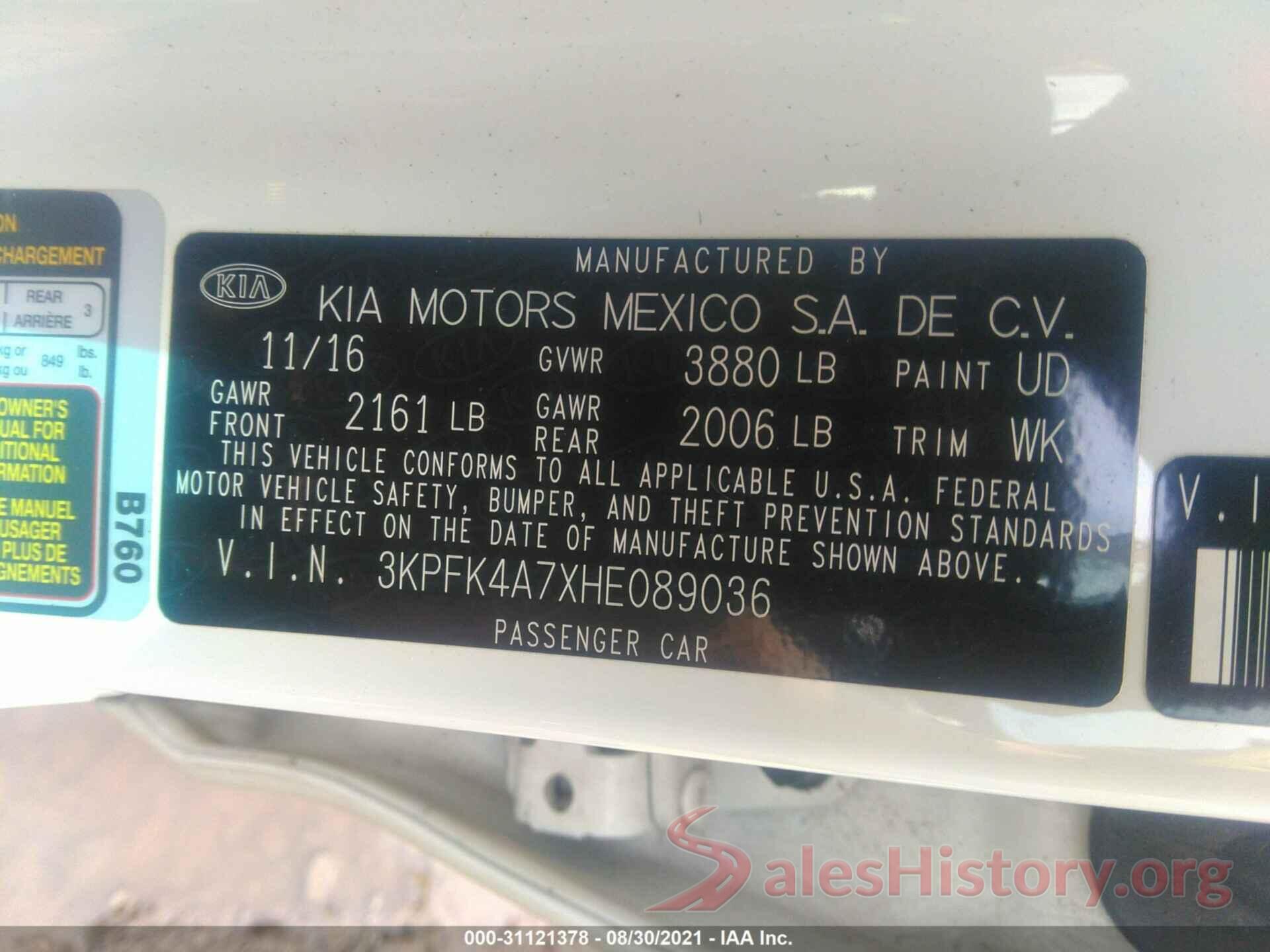 3KPFK4A7XHE089036 2017 KIA FORTE