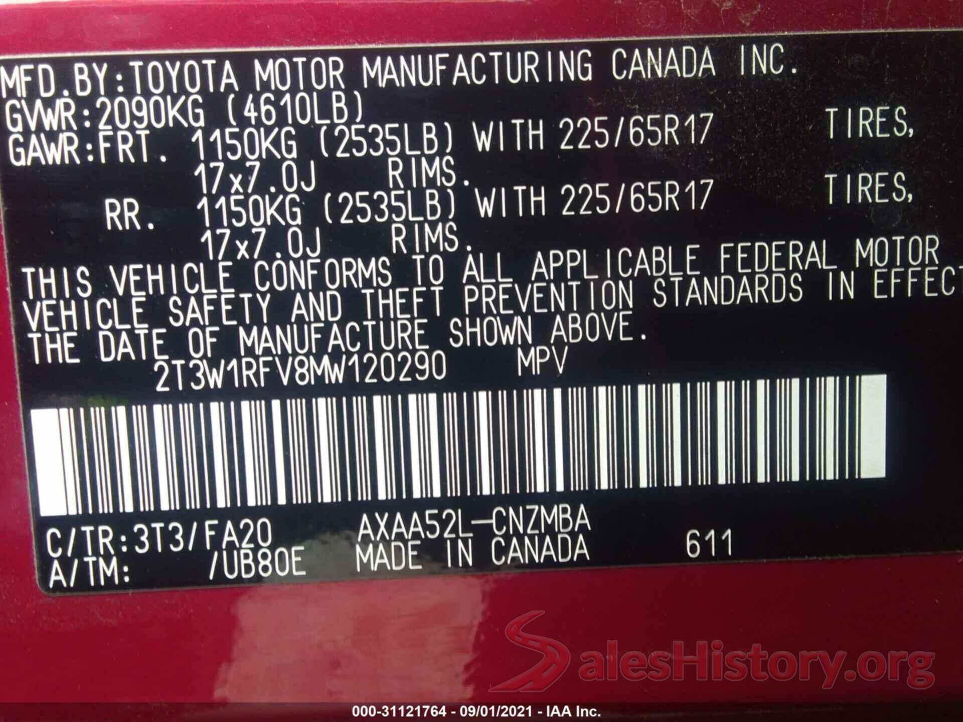 2T3W1RFV8MW120290 2021 TOYOTA RAV4