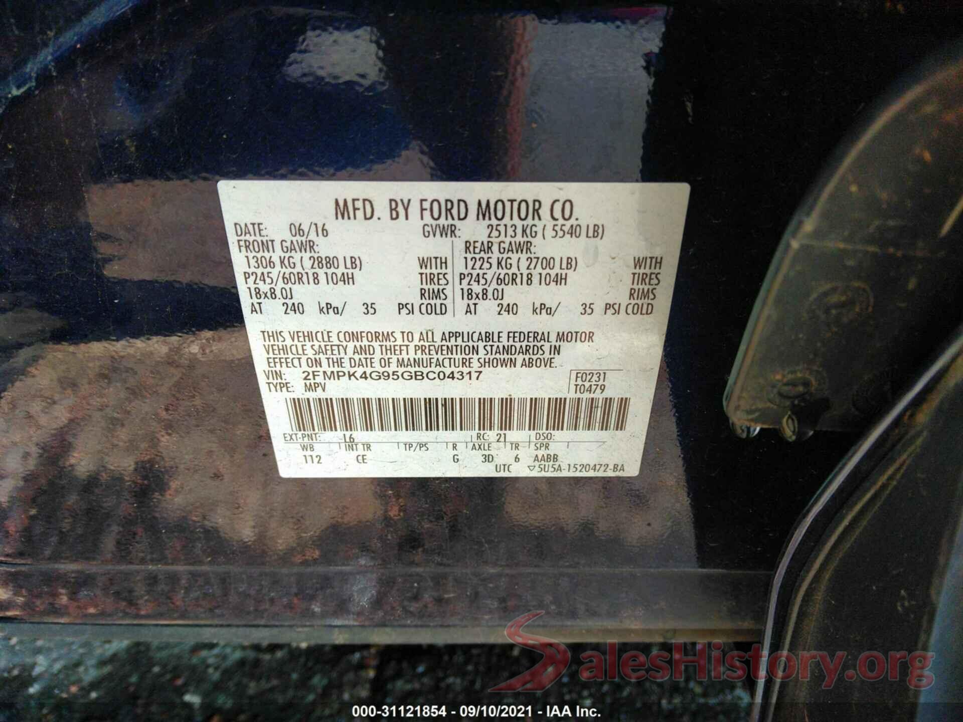 2FMPK4G95GBC04317 2016 FORD EDGE