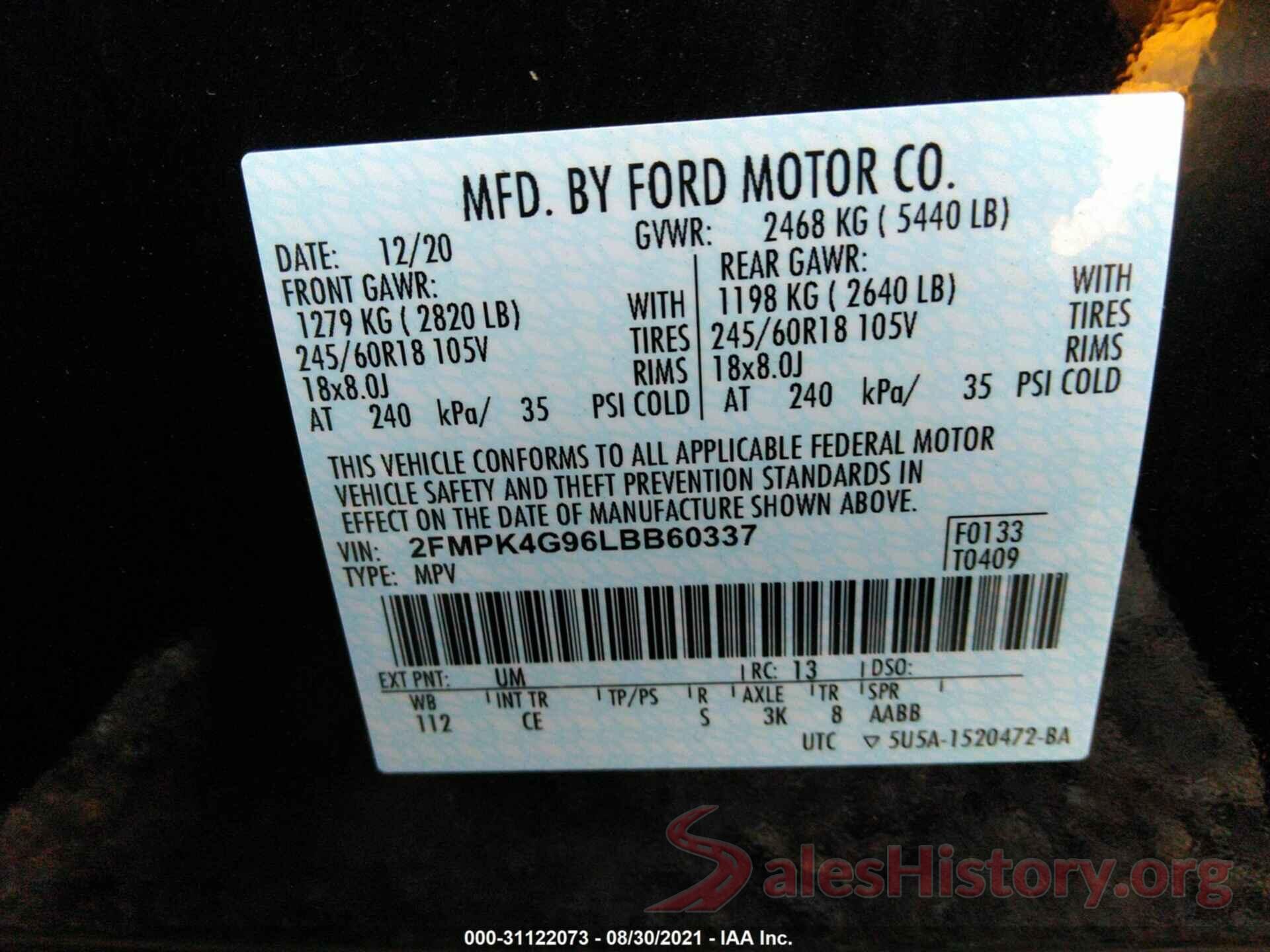 2FMPK4G96LBB60337 2020 FORD EDGE