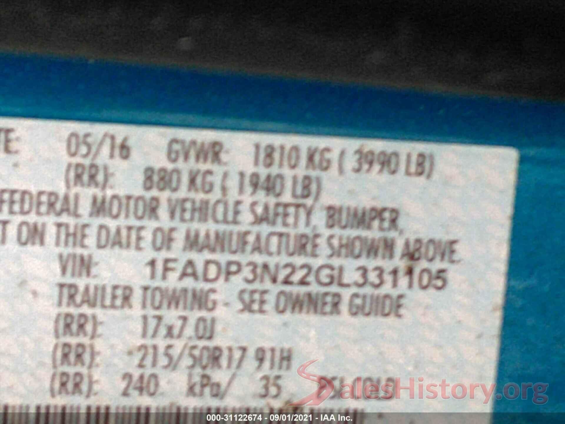 1FADP3N22GL331105 2016 FORD FOCUS