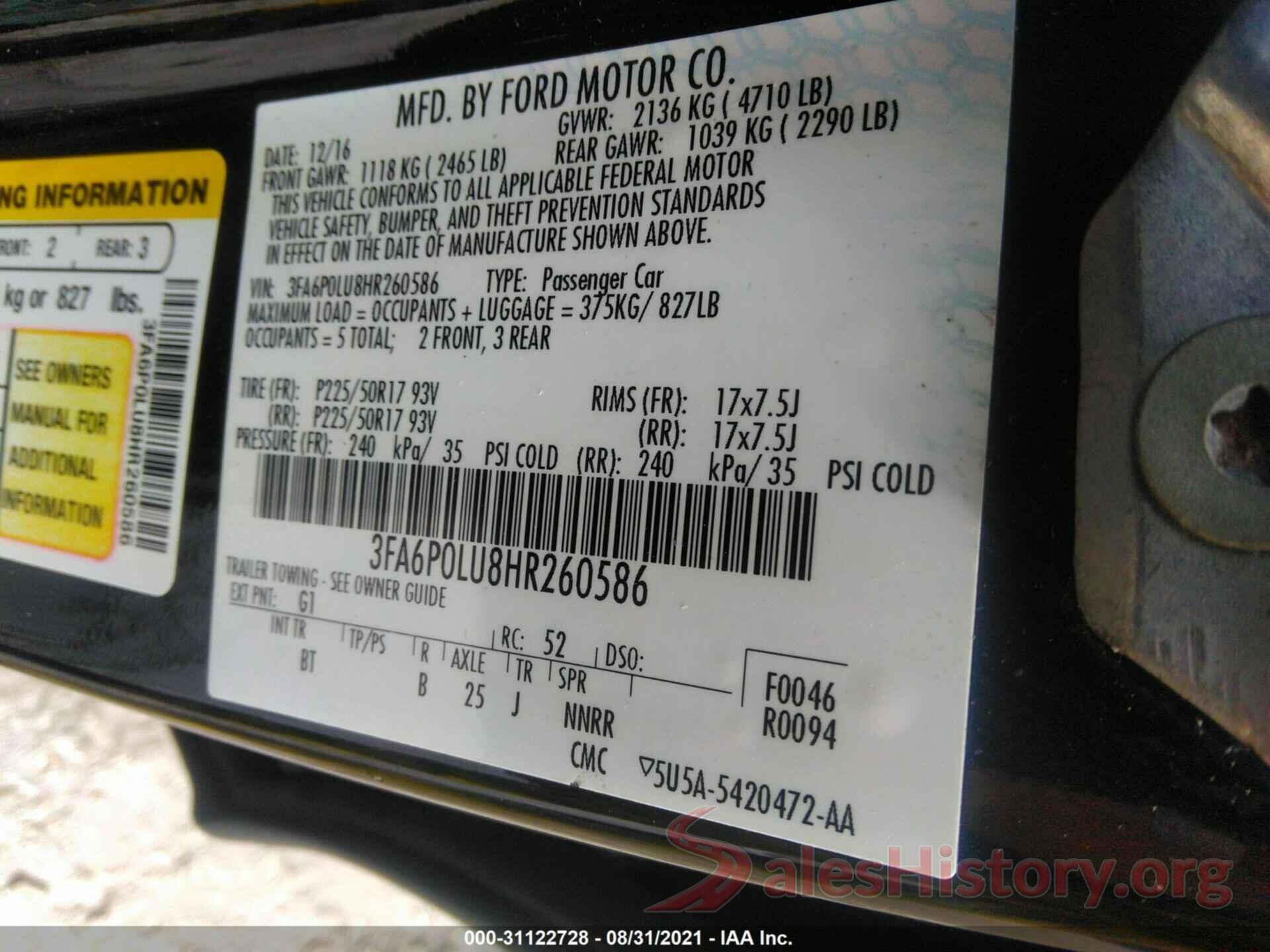 3FA6P0LU8HR260586 2017 FORD FUSION