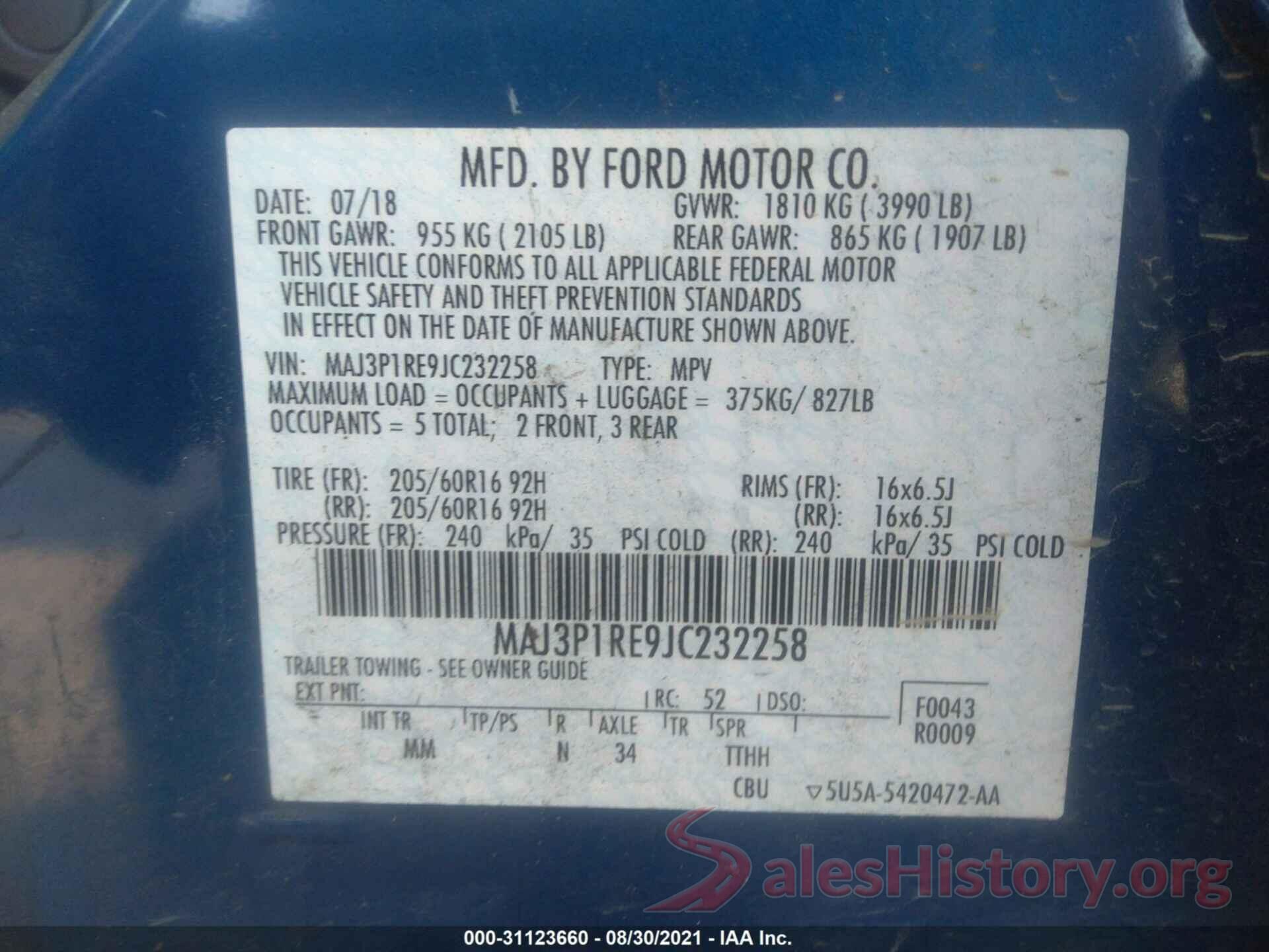 MAJ3P1RE9JC232258 2018 FORD ECOSPORT