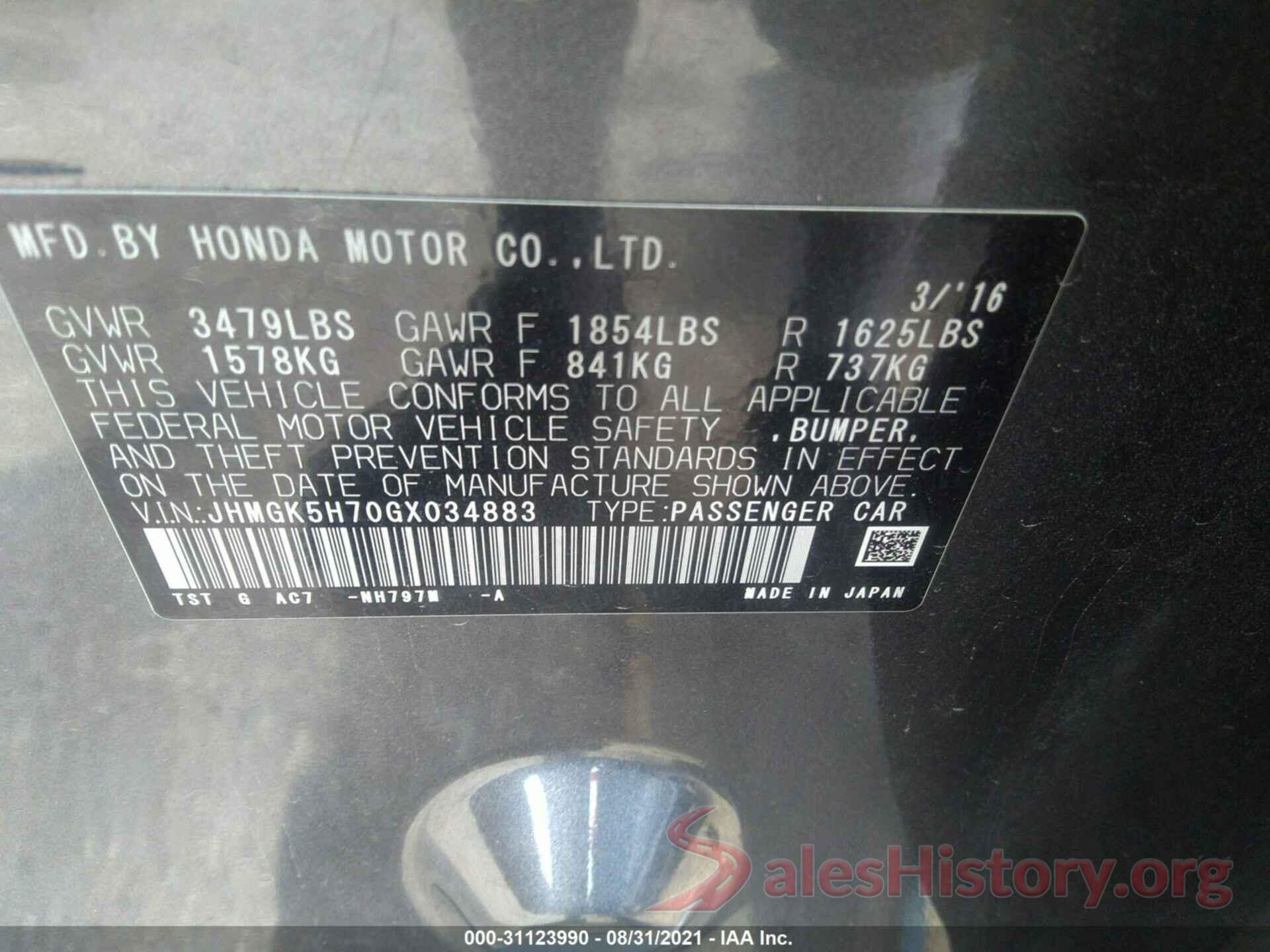 JHMGK5H70GX034883 2016 HONDA FIT