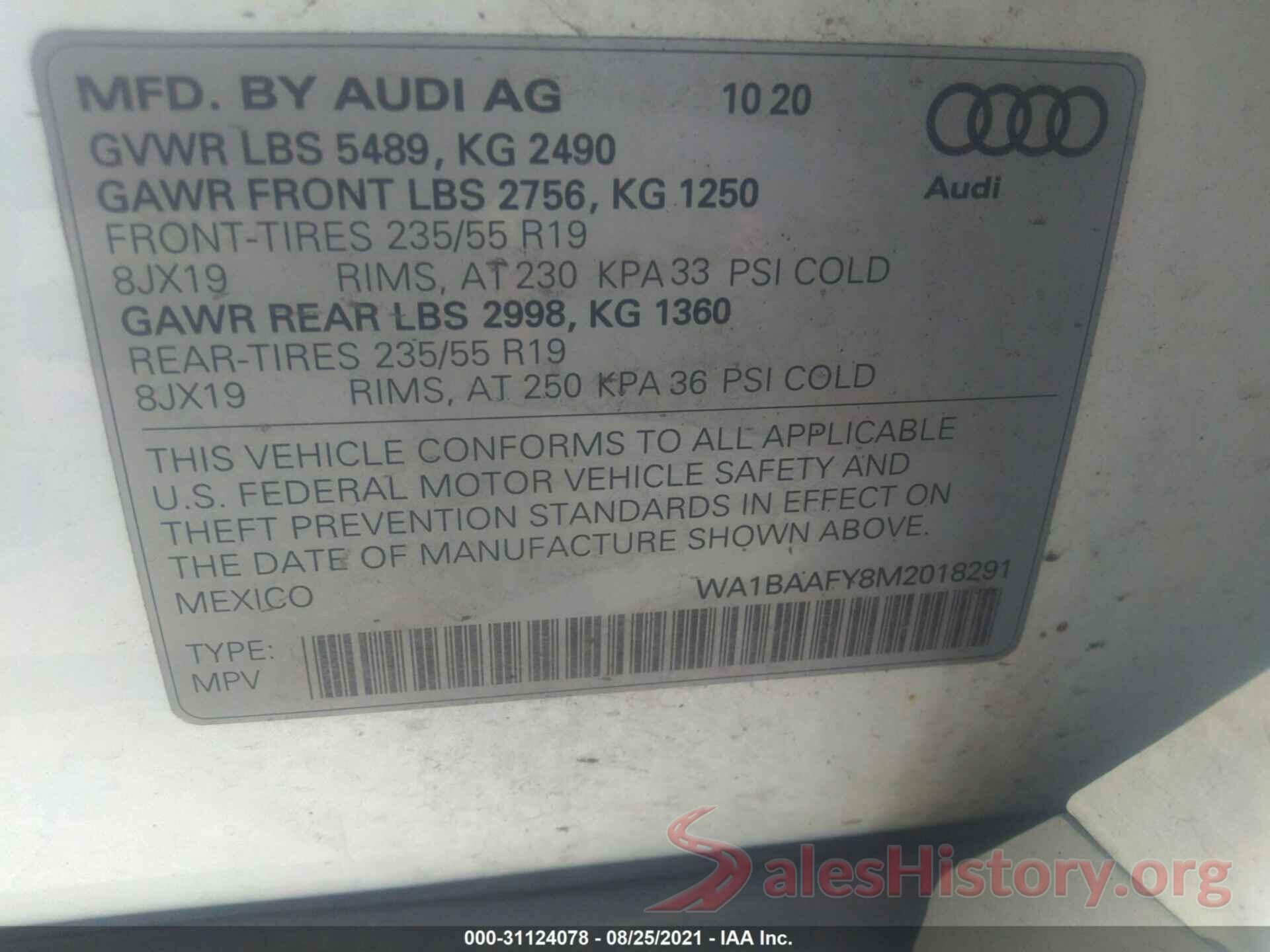 WA1BAAFY8M2018291 2021 AUDI Q5