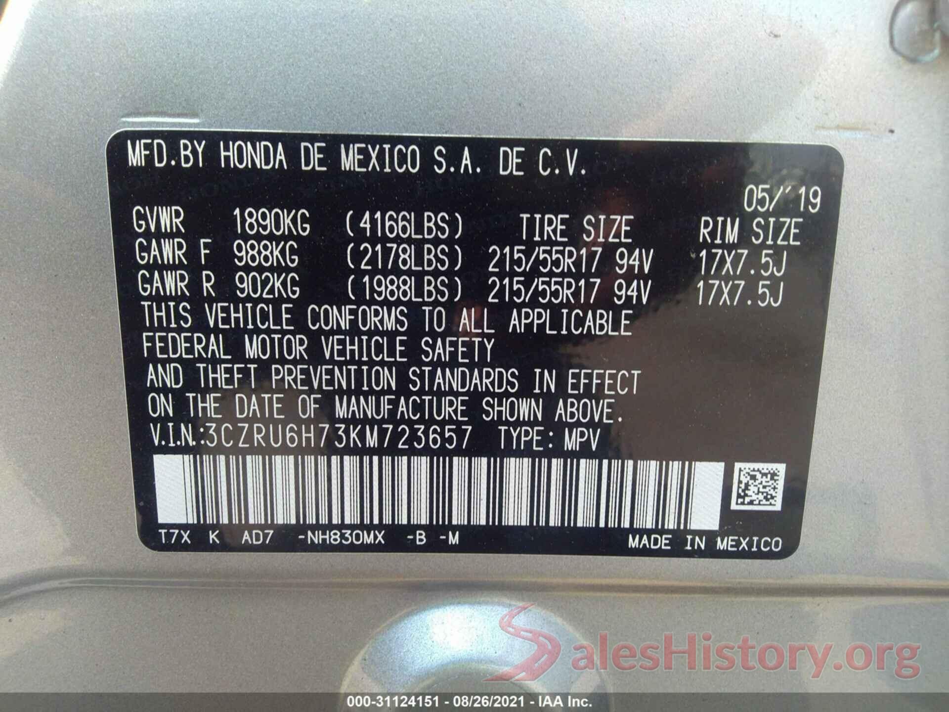 3CZRU6H73KM723657 2019 HONDA HR-V