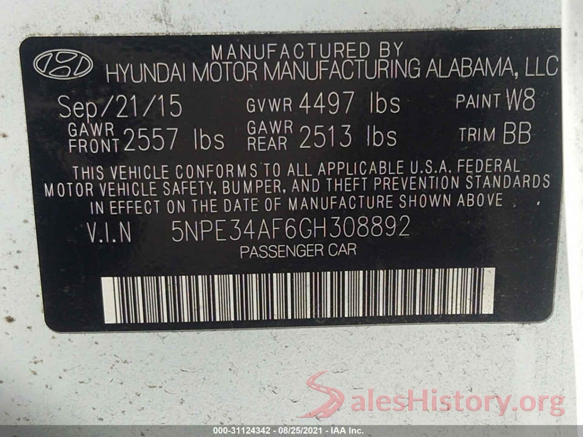 5NPE34AF6GH308892 2016 HYUNDAI SONATA