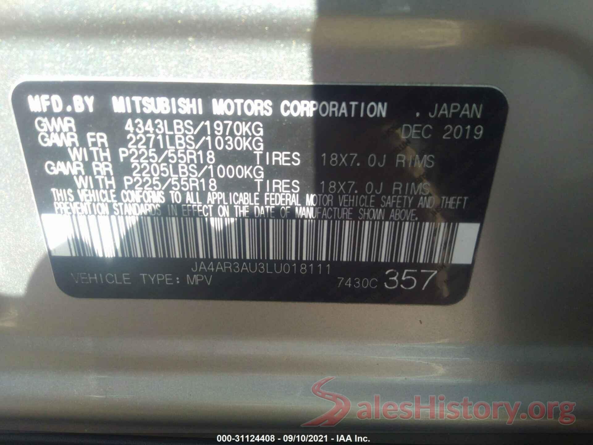 JA4AR3AU3LU018111 2020 MITSUBISHI OUTLANDER SPORT