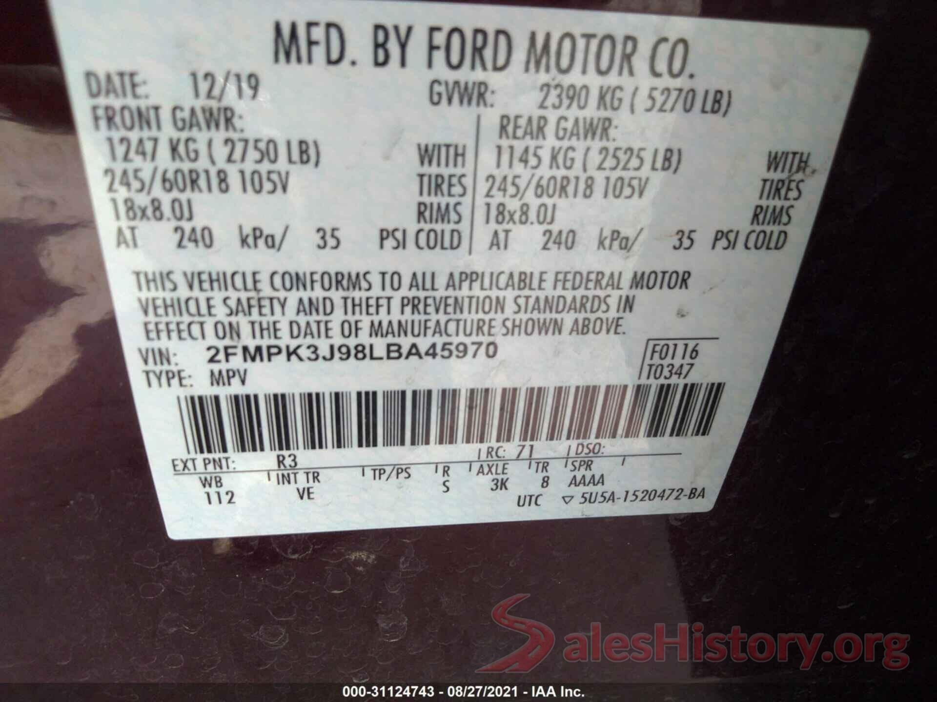 2FMPK3J98LBA45970 2020 FORD EDGE