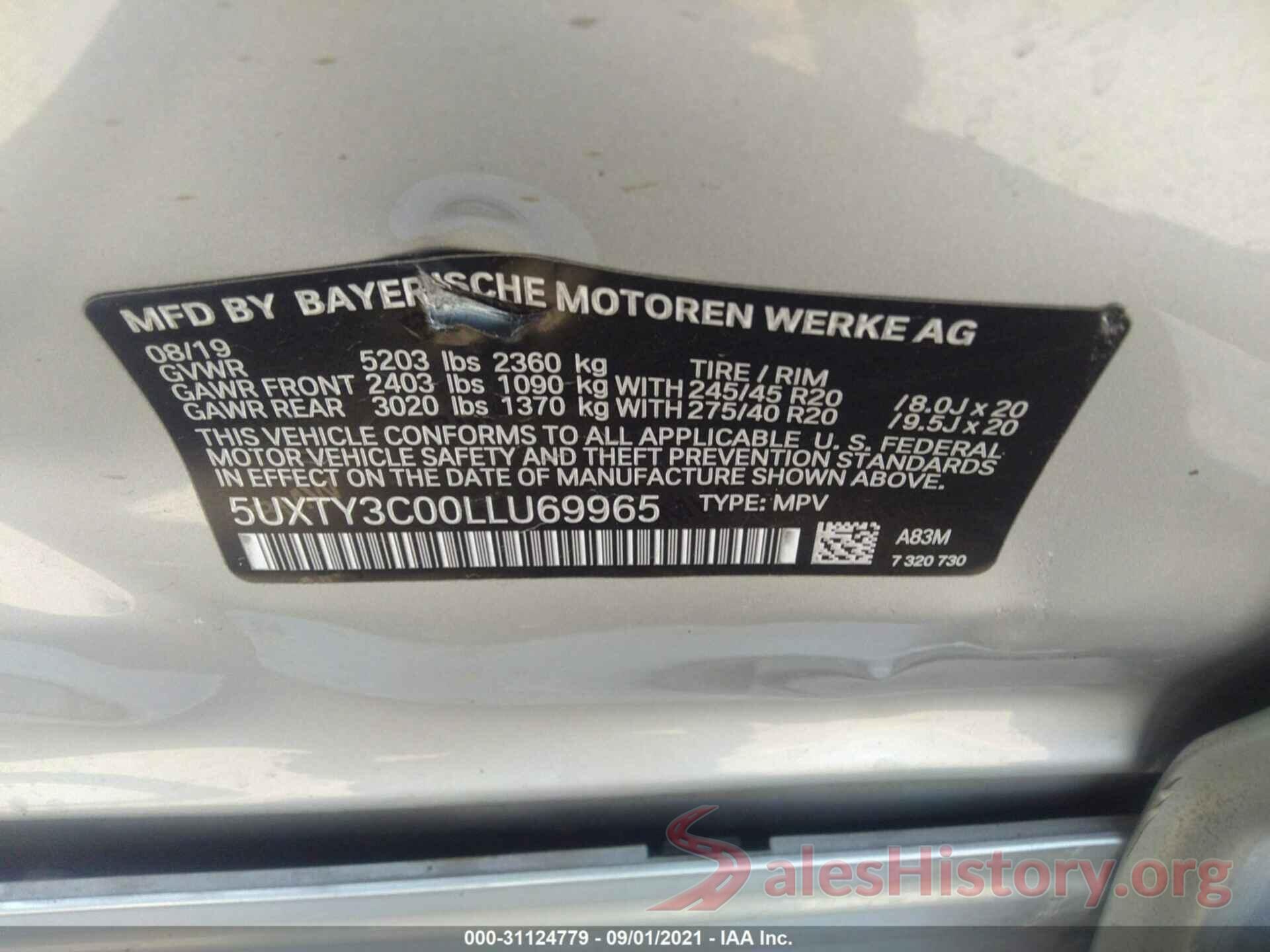 5UXTY3C00LLU69965 2020 BMW X3