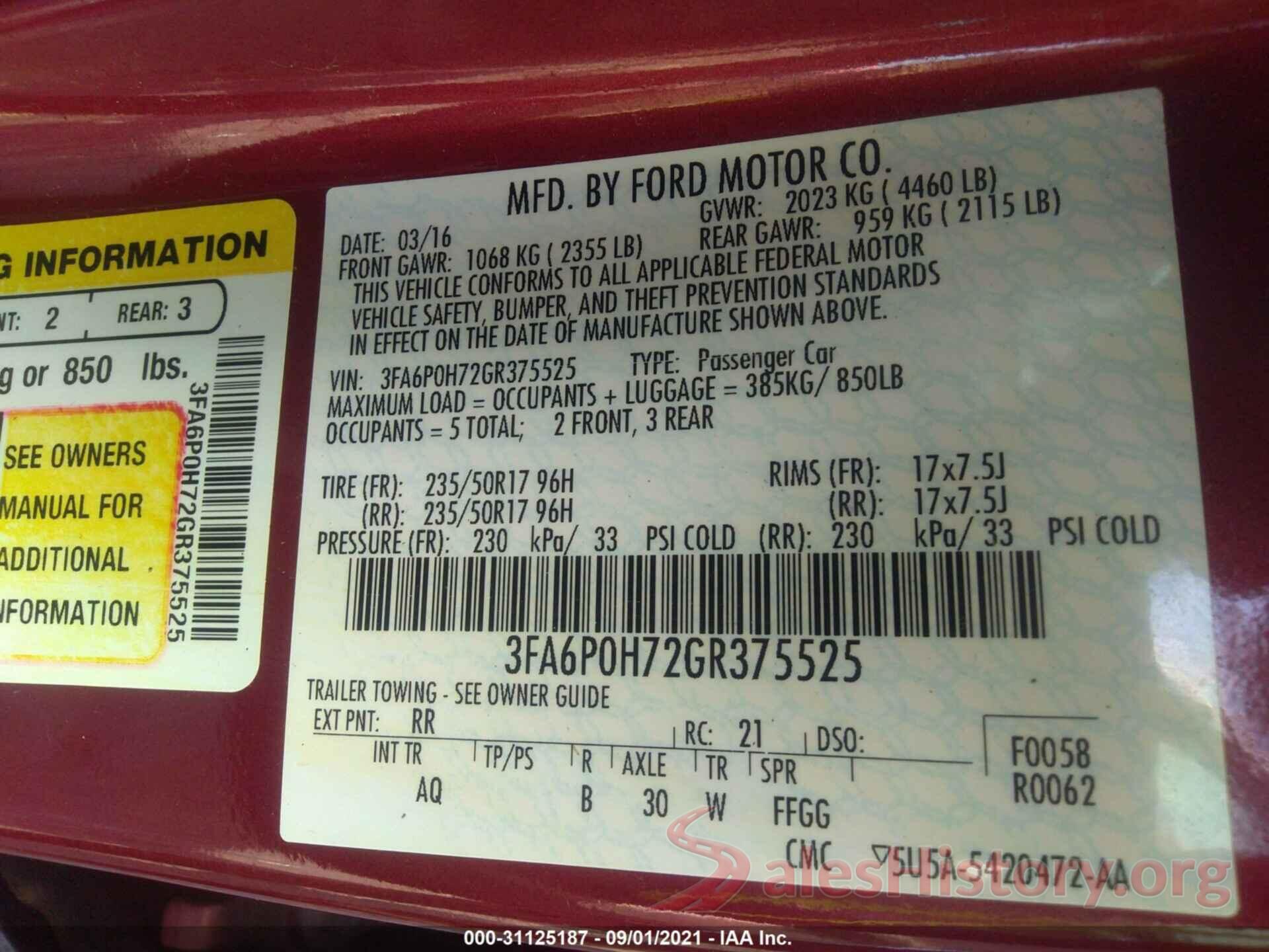 3FA6P0H72GR375525 2016 FORD FUSION