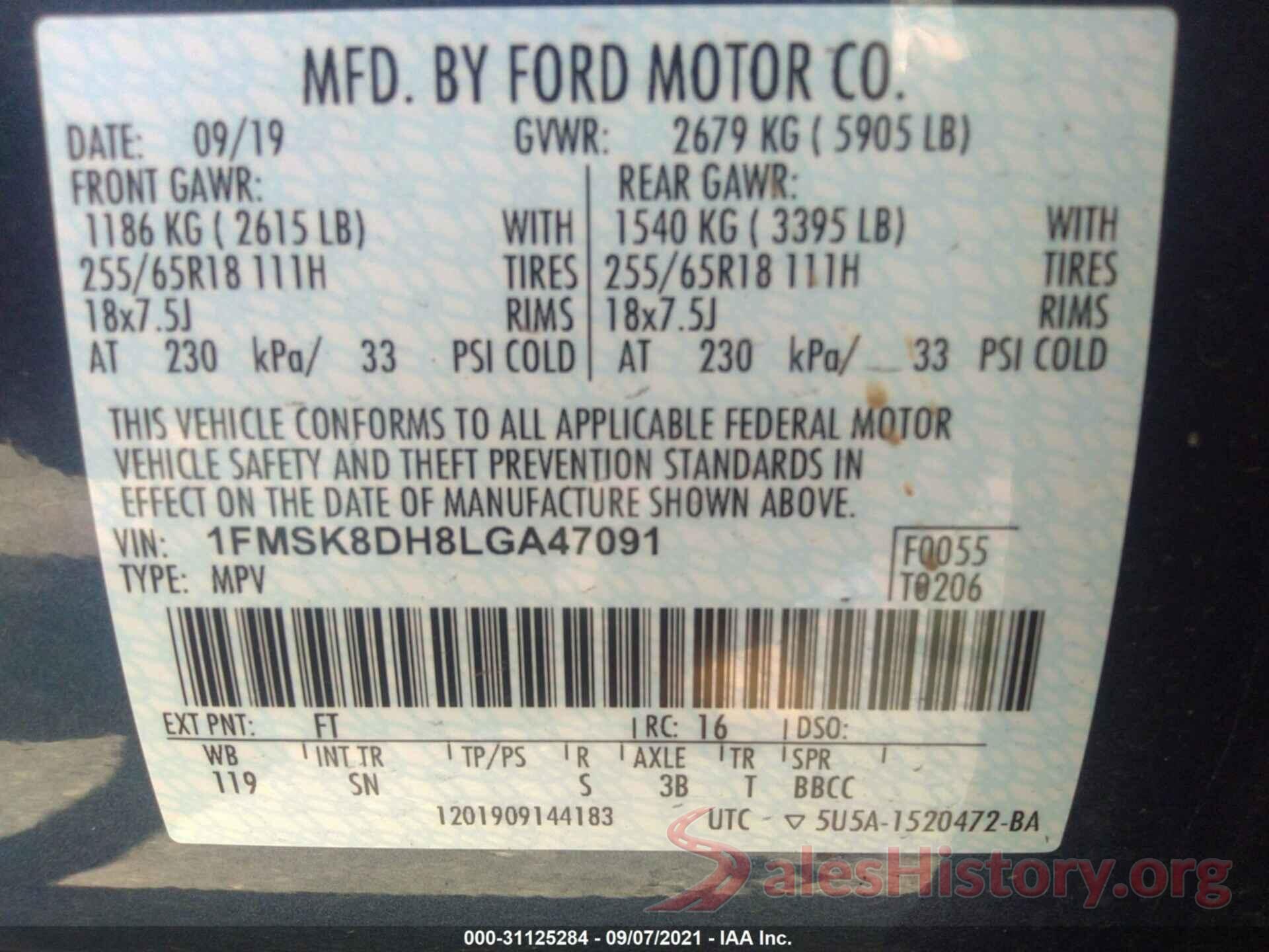 1FMSK8DH8LGA47091 2020 FORD EXPLORER