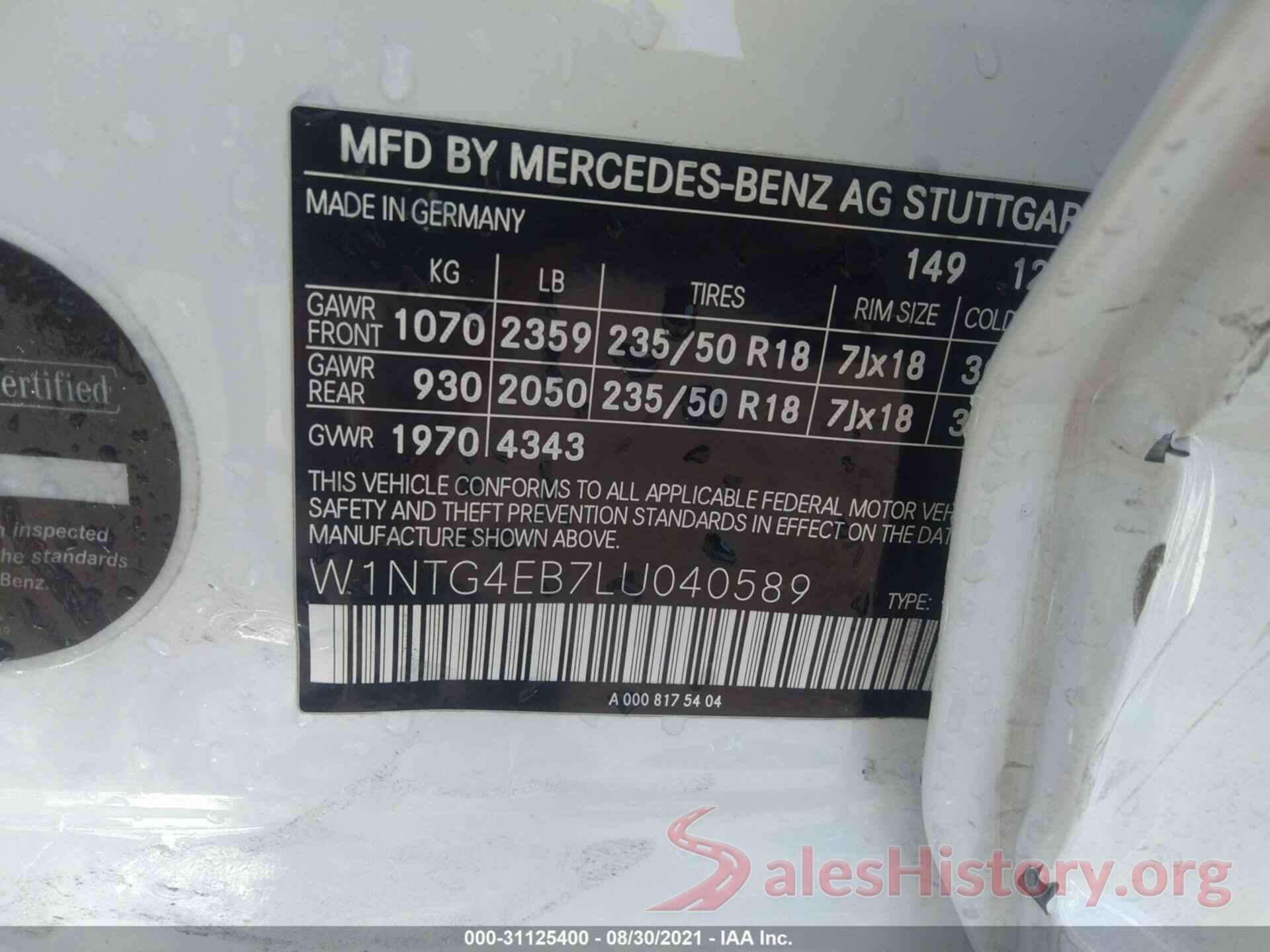 W1NTG4EB7LU040589 2020 MERCEDES-BENZ GLA