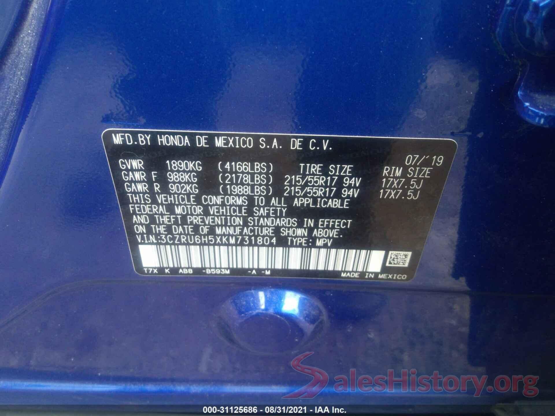 3CZRU6H5XKM731804 2019 HONDA HR-V