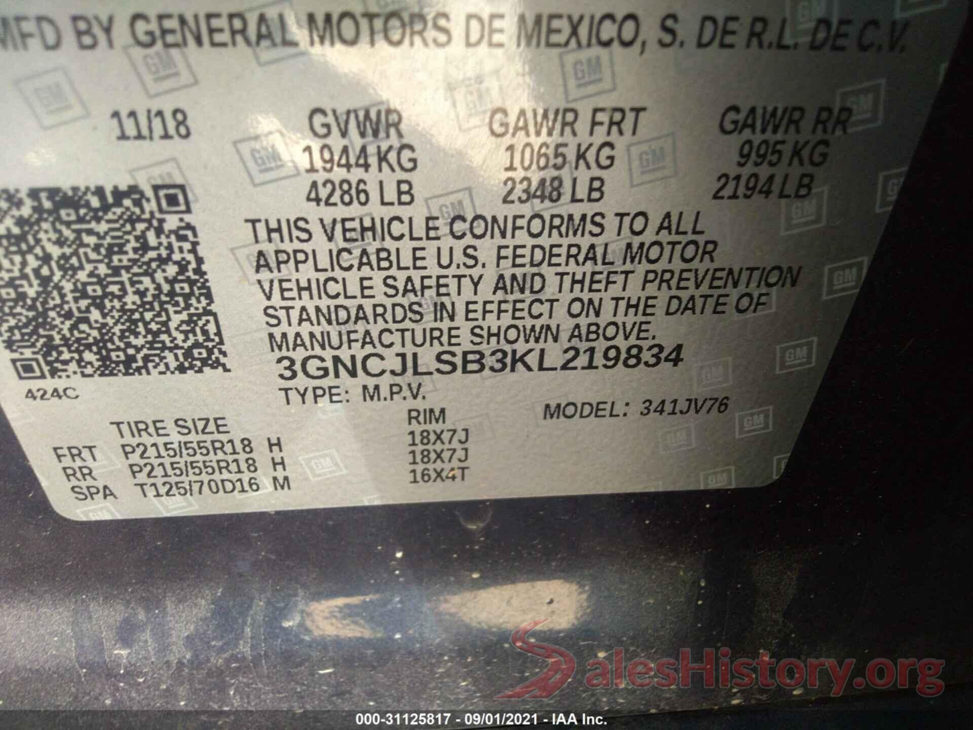 3GNCJLSB3KL219834 2019 CHEVROLET TRAX