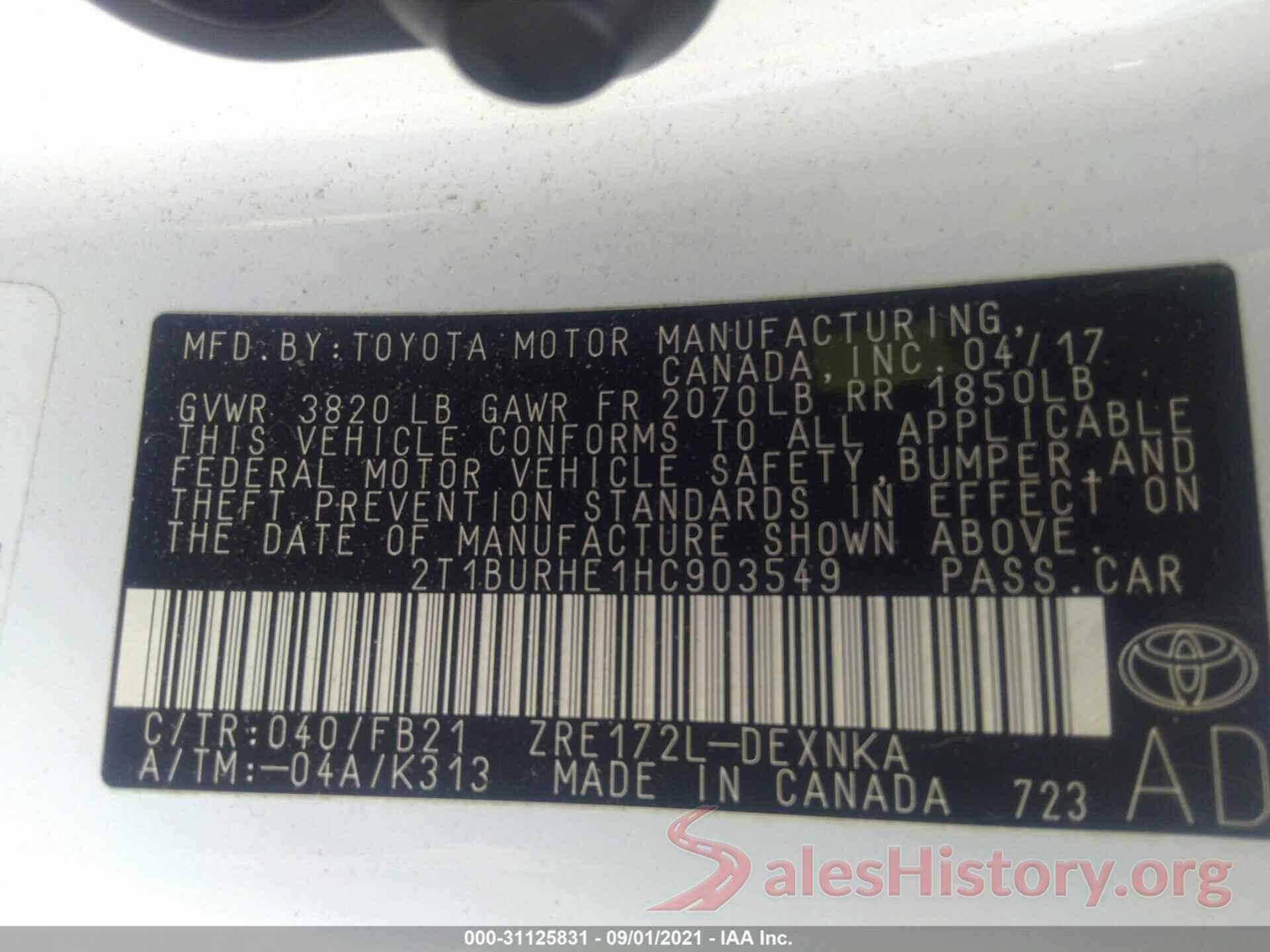 2T1BURHE1HC903549 2017 TOYOTA COROLLA