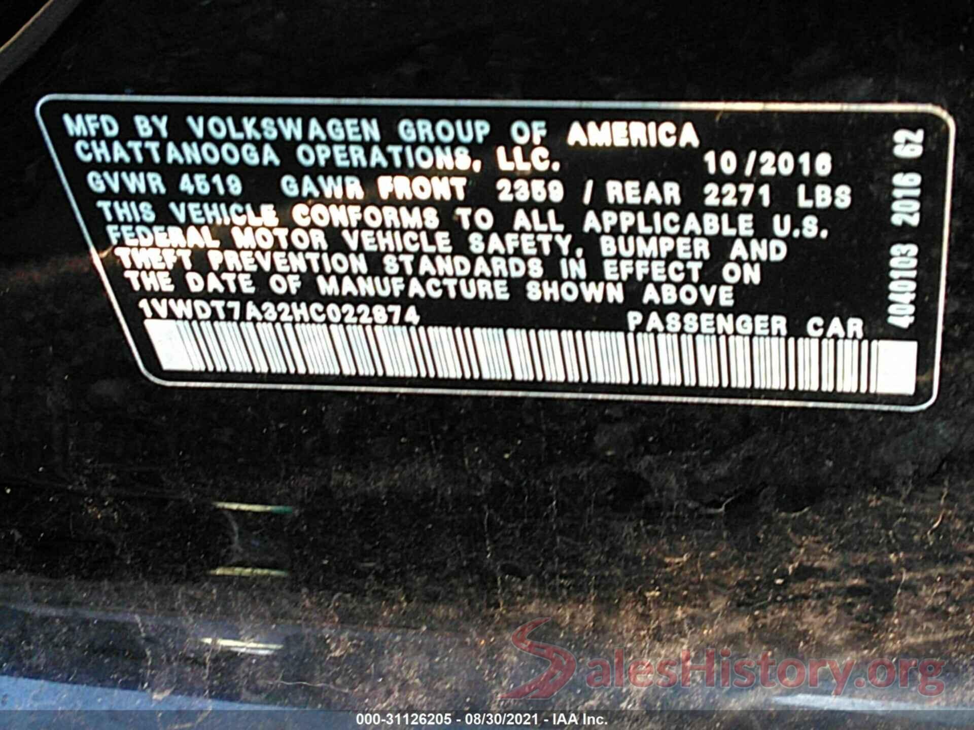 1VWDT7A32HC022874 2017 VOLKSWAGEN PASSAT