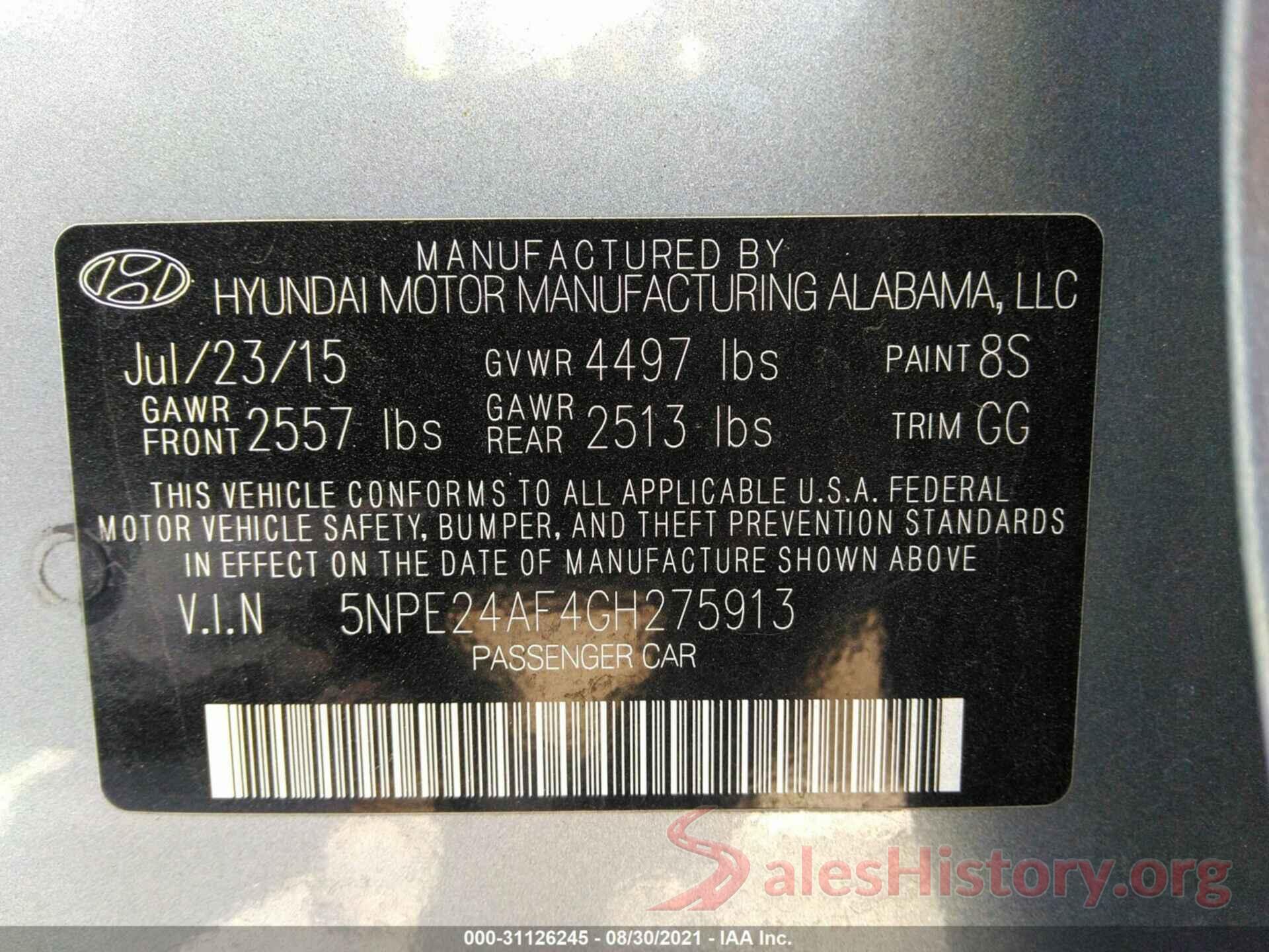 5NPE24AF4GH275913 2016 HYUNDAI SONATA