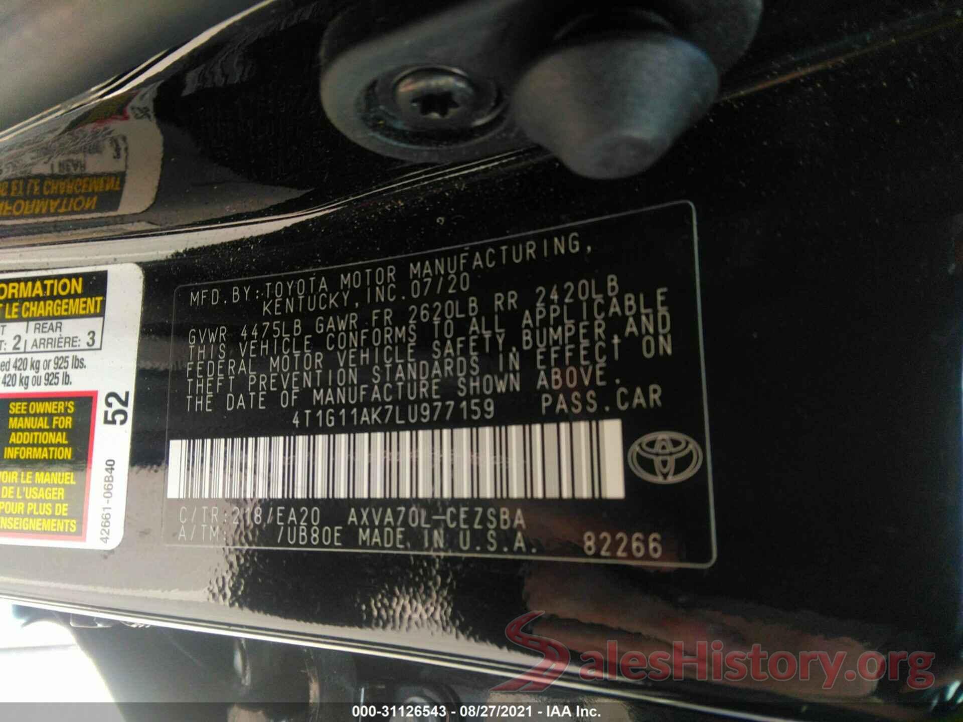 4T1G11AK7LU977159 2020 TOYOTA CAMRY