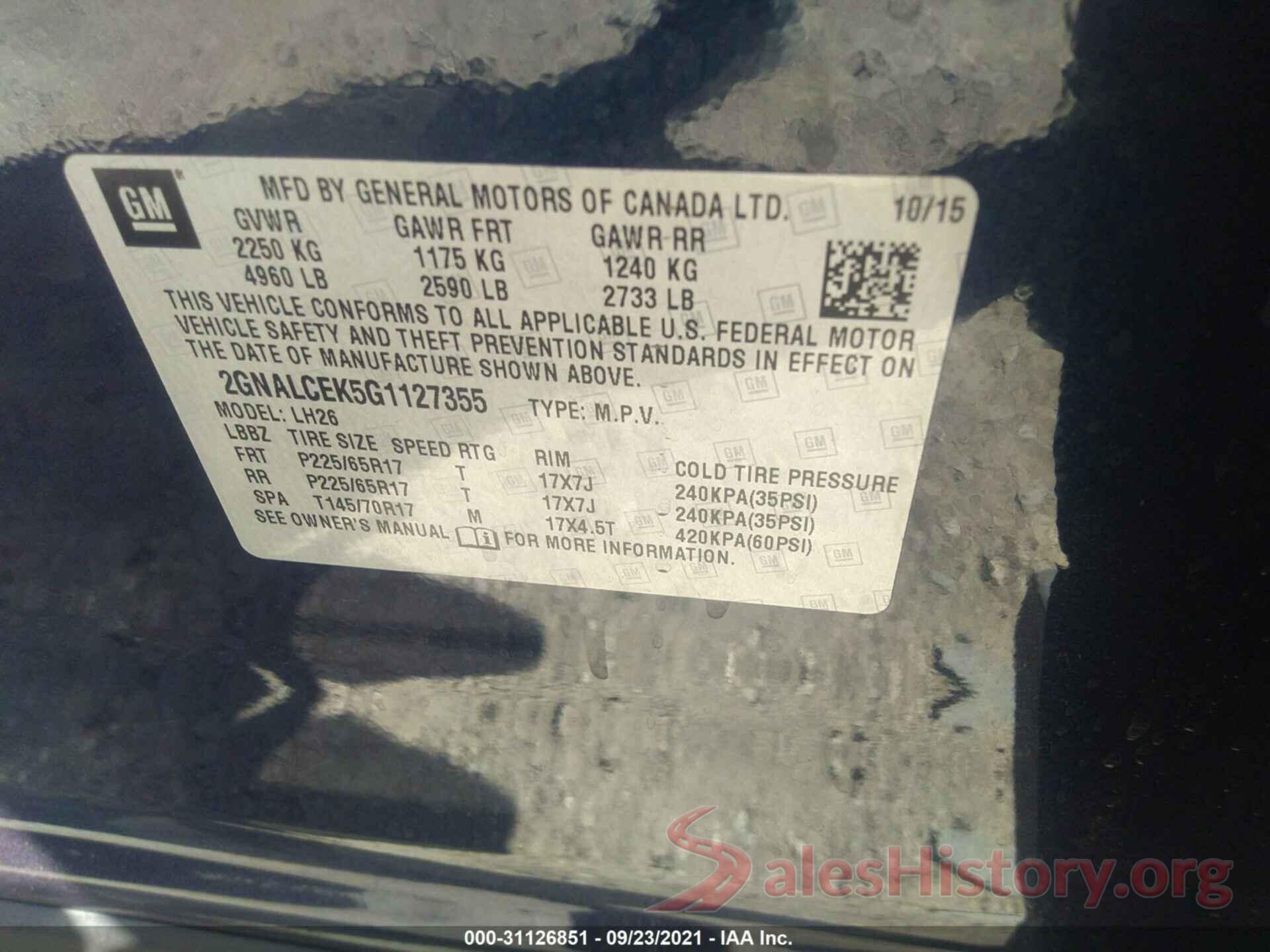 2GNALCEK5G1127355 2016 CHEVROLET EQUINOX