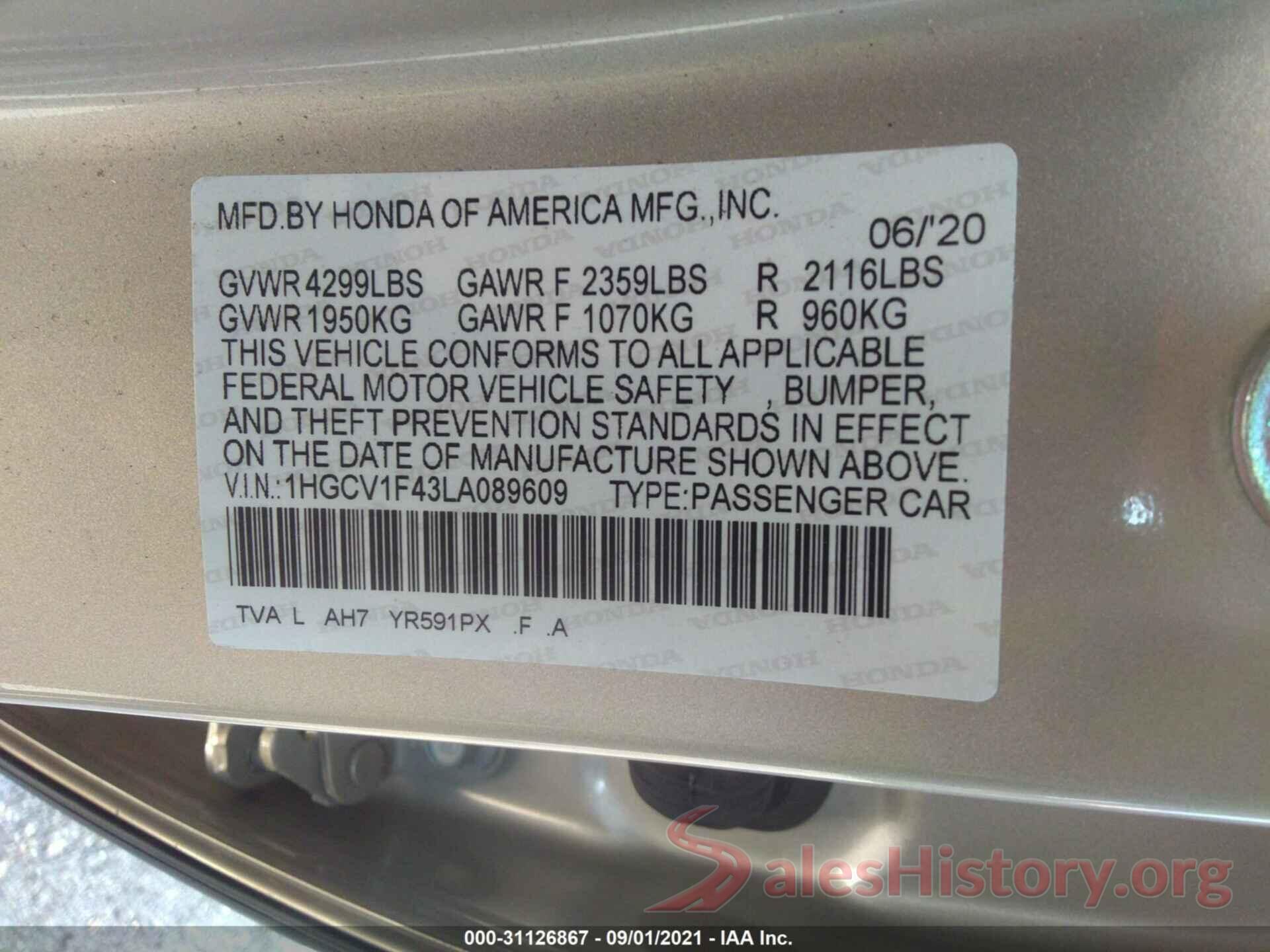 1HGCV1F43LA089609 2020 HONDA ACCORD SEDAN