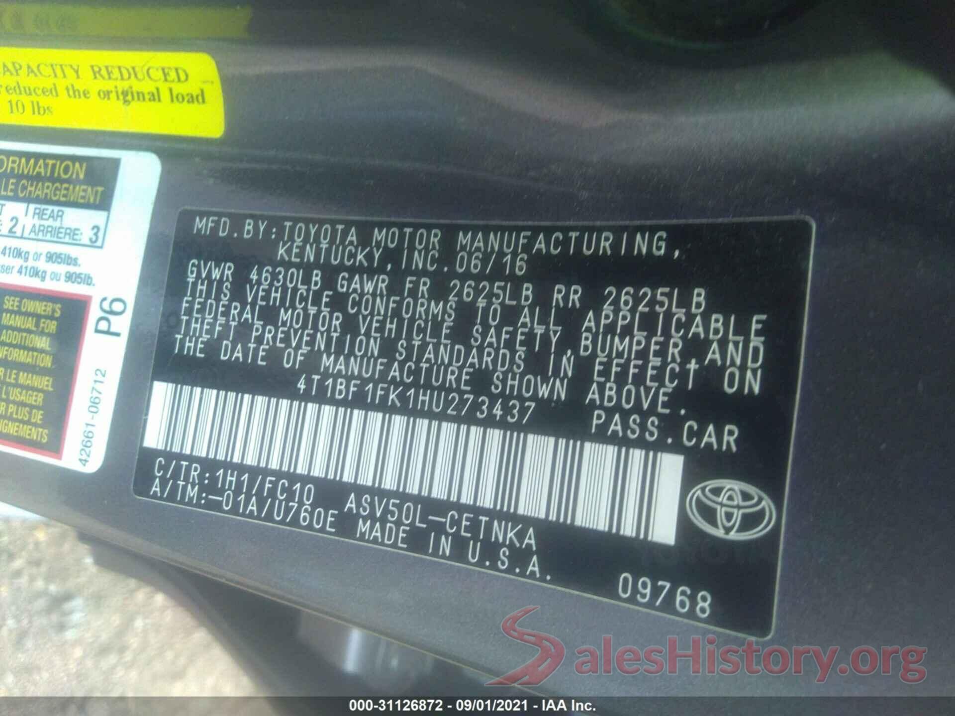 4T1BF1FK1HU273437 2017 TOYOTA CAMRY