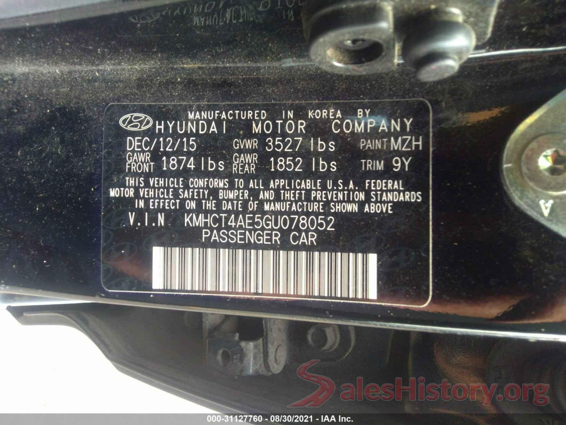 KMHCT4AE5GU078052 2016 HYUNDAI ACCENT