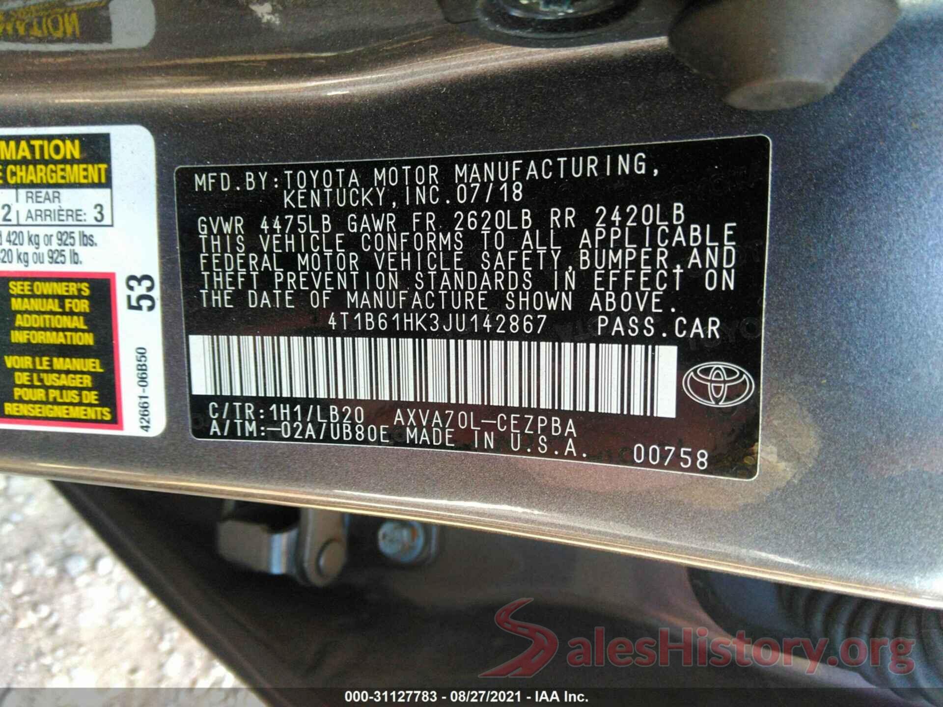 4T1B61HK3JU142867 2018 TOYOTA CAMRY